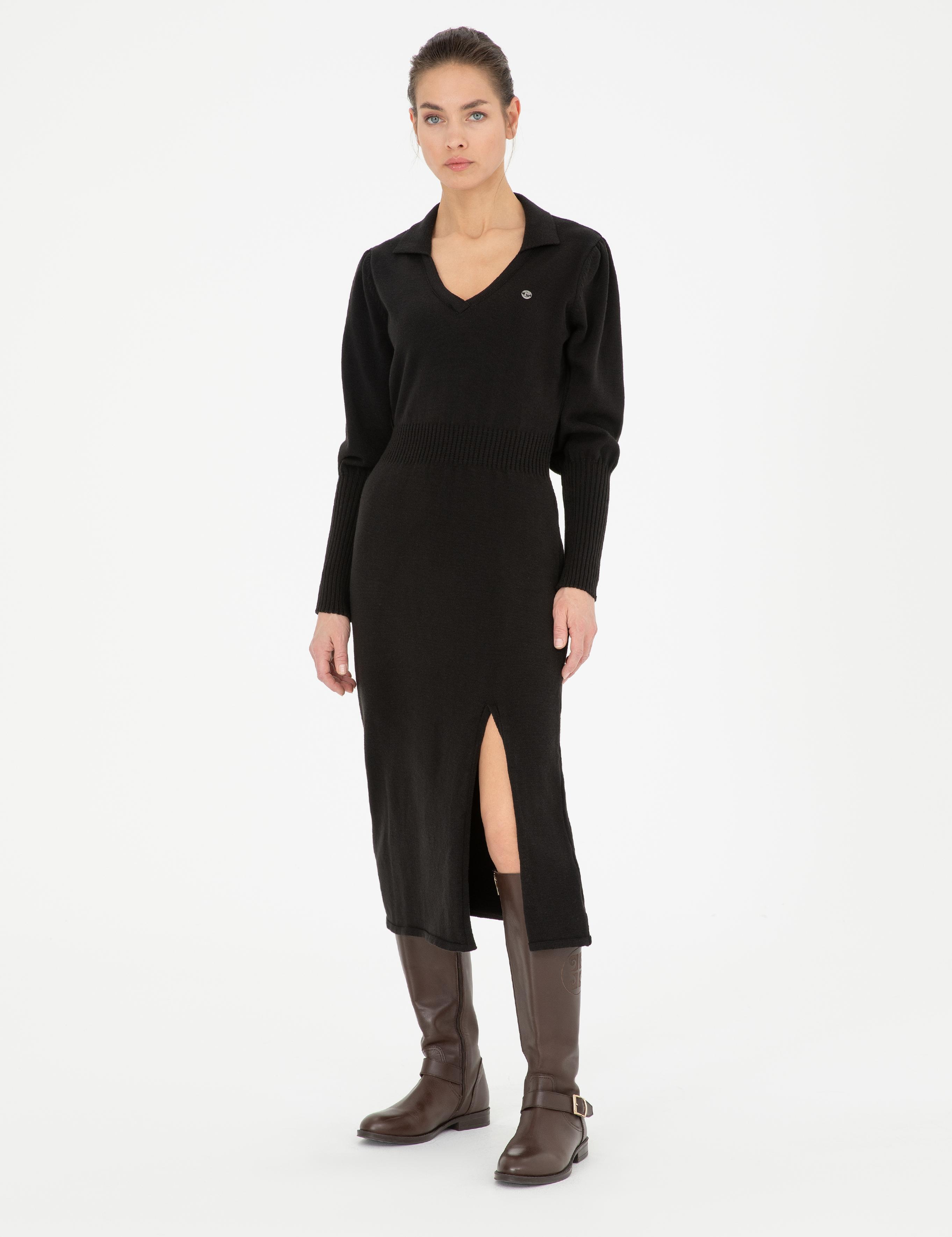 Siyah Regular Fit Triko Elbise