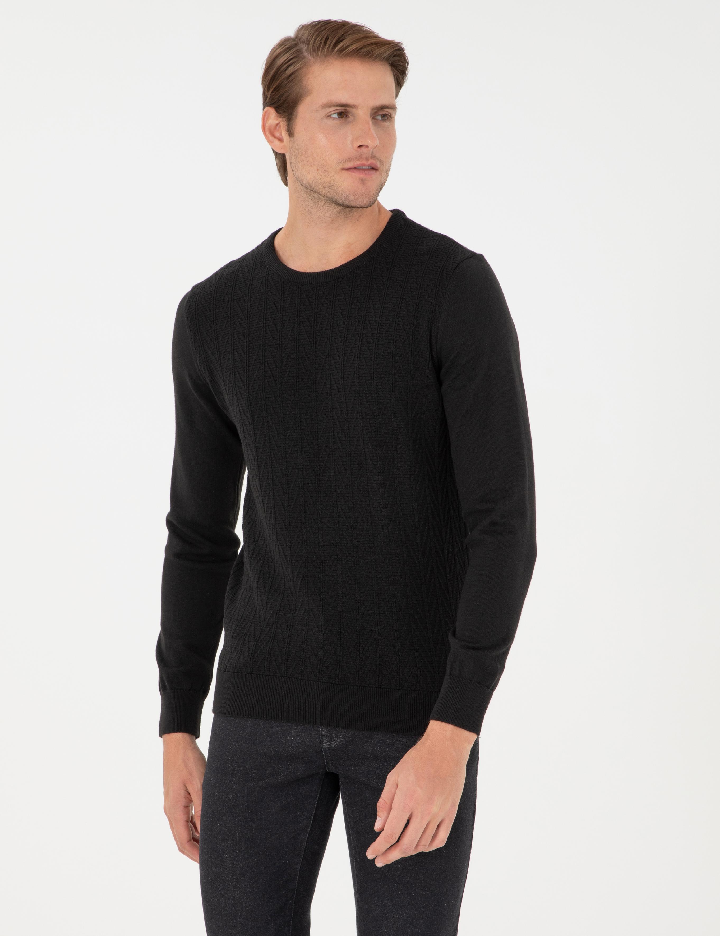 Siyah Slim Fit Bisiklet Yaka Triko Kazak