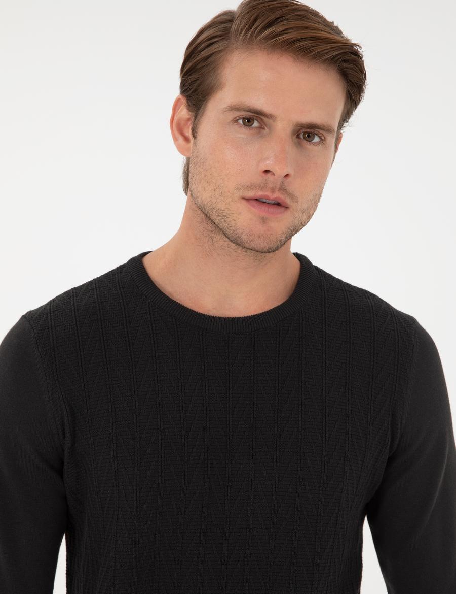 Siyah Slim Fit Bisiklet Yaka Triko Kazak