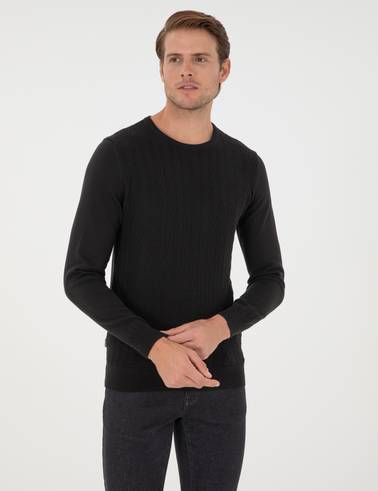Siyah Slim Fit Bisiklet Yaka Triko Kazak