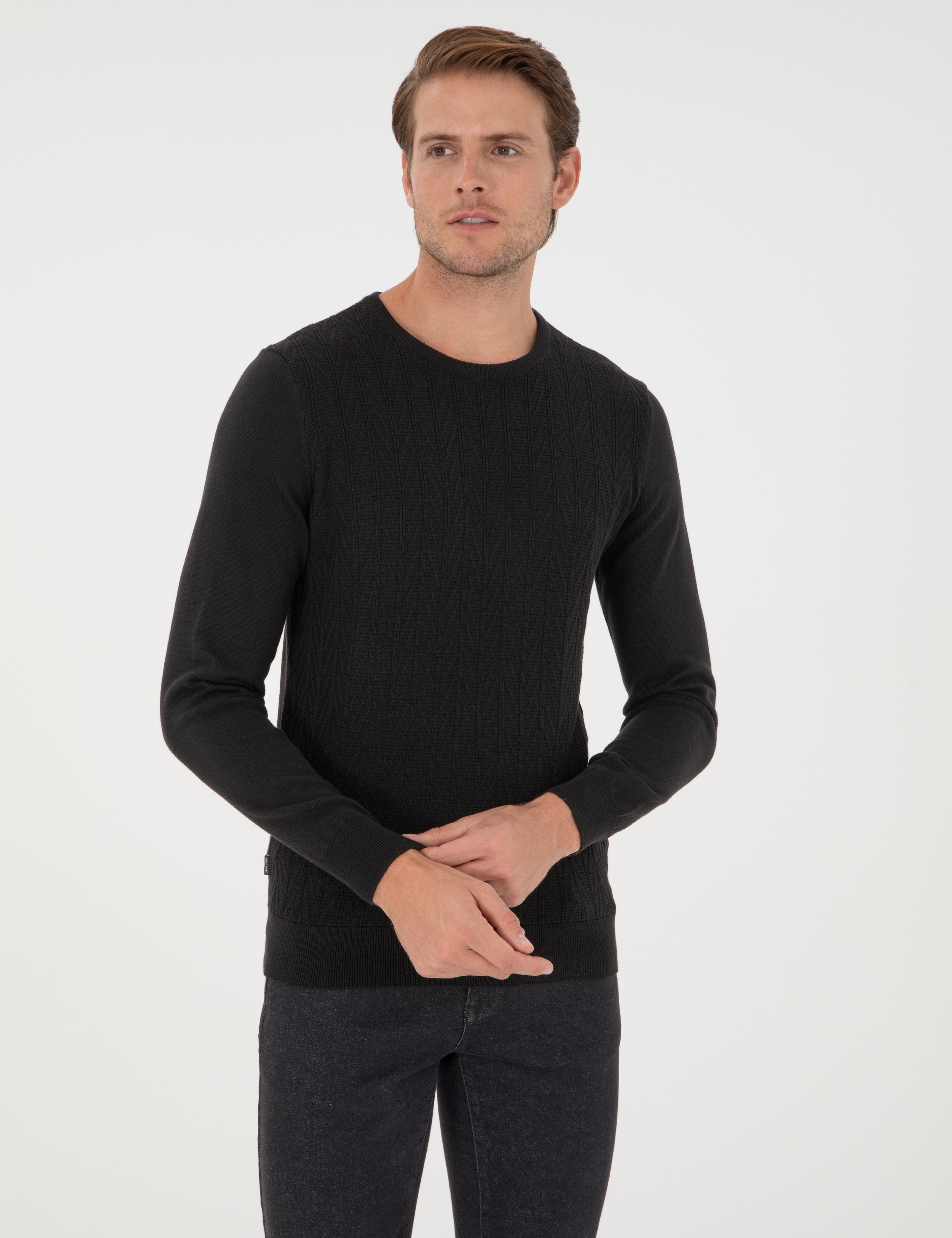 Siyah Slim Fit Bisiklet Yaka Triko Kazak - Image 3