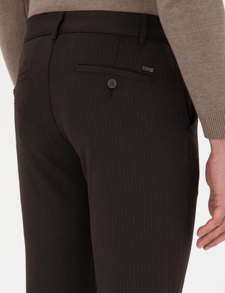 Kahverengi Slim Fit Çizgili Kanvas Pantolon