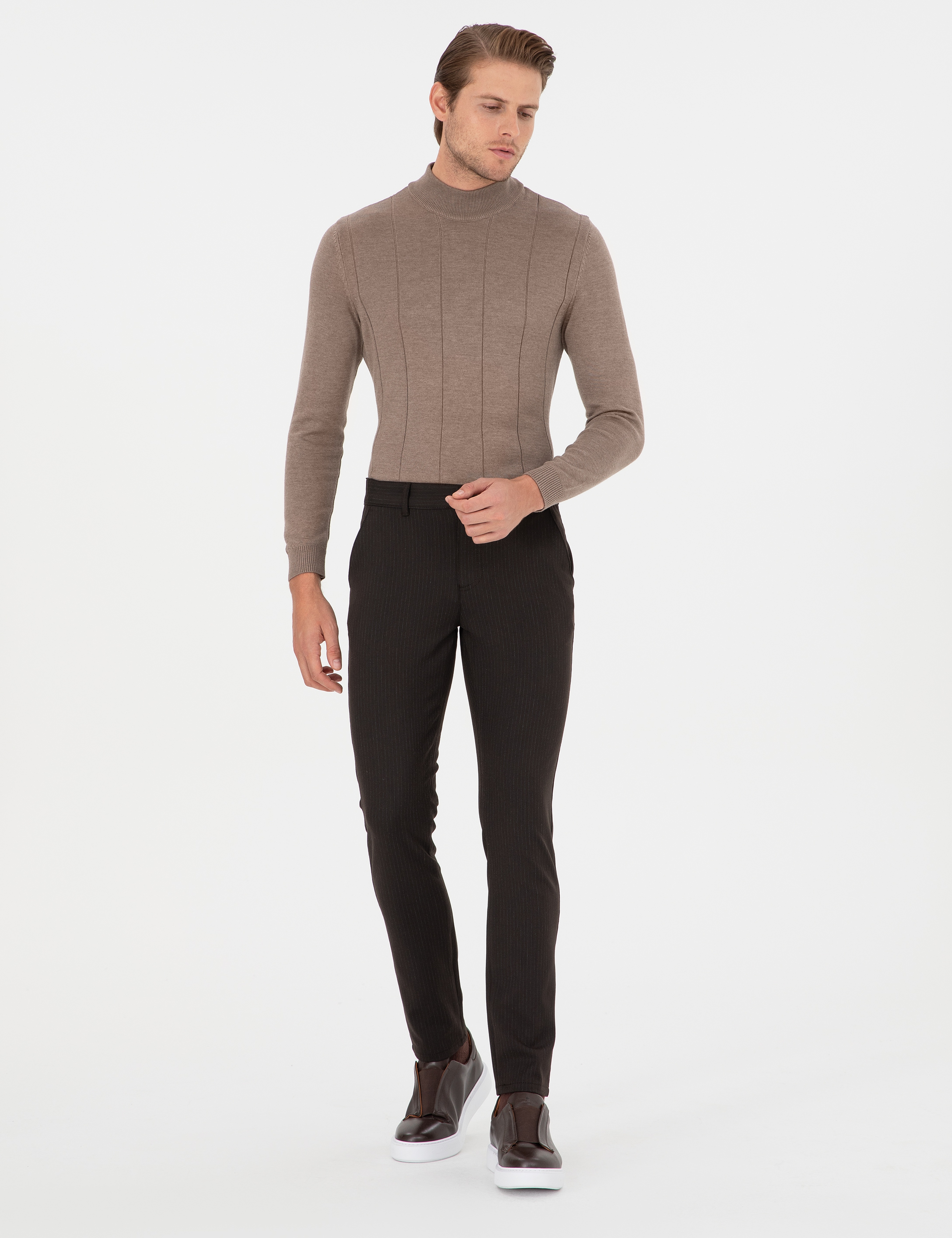Kahverengi Slim Fit Çizgili Kanvas Pantolon