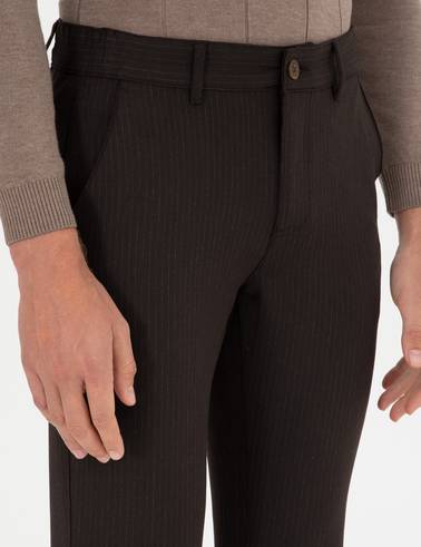 Kahverengi Slim Fit Çizgili Kanvas Pantolon