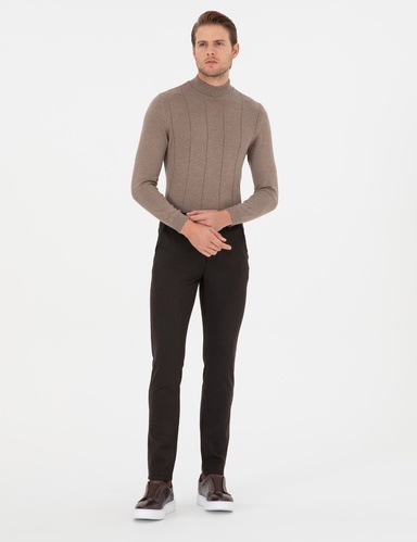 Kahverengi Slim Fit Çizgili Kanvas Pantolon