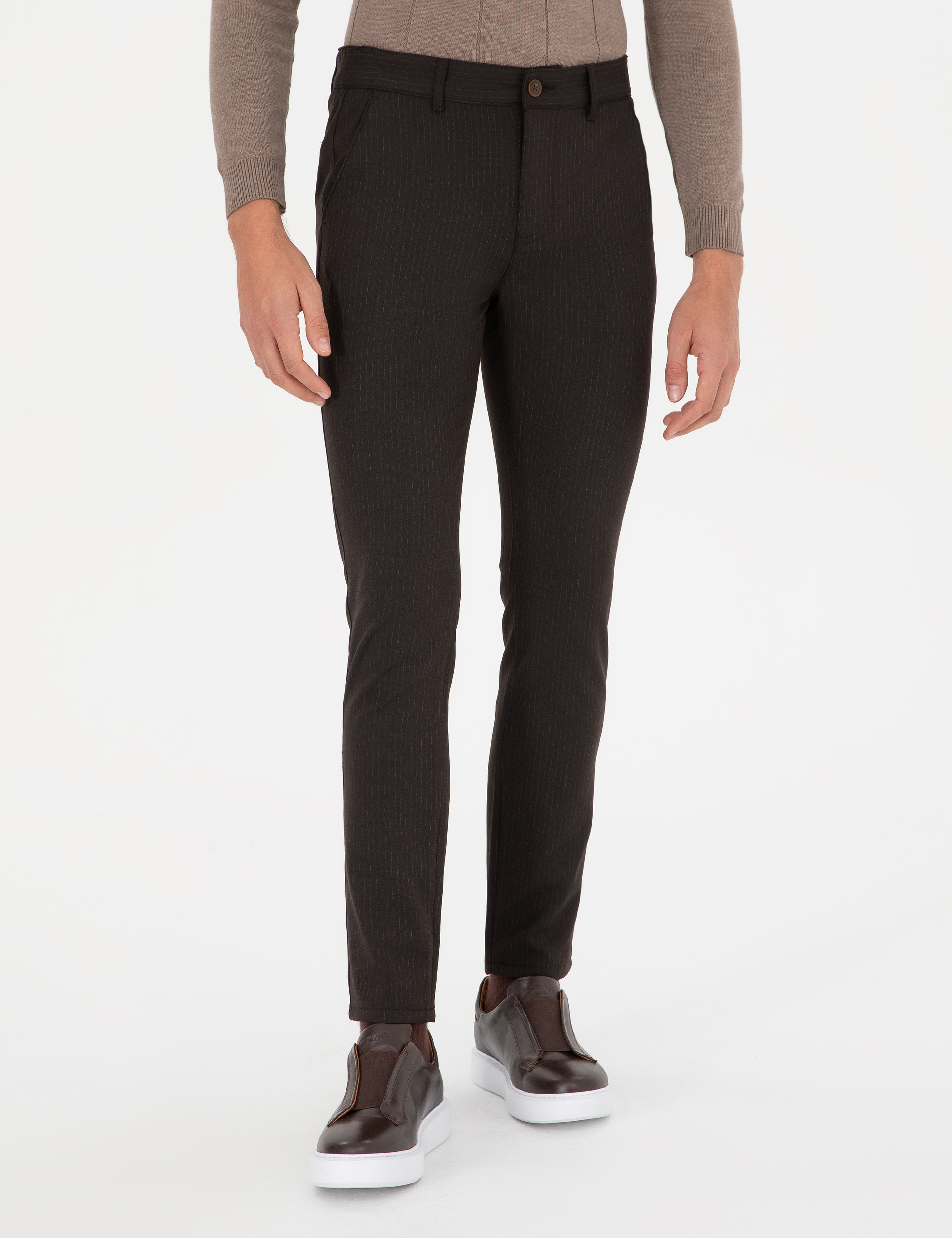 Kahverengi Slim Fit Çizgili Kanvas Pantolon - Image 2