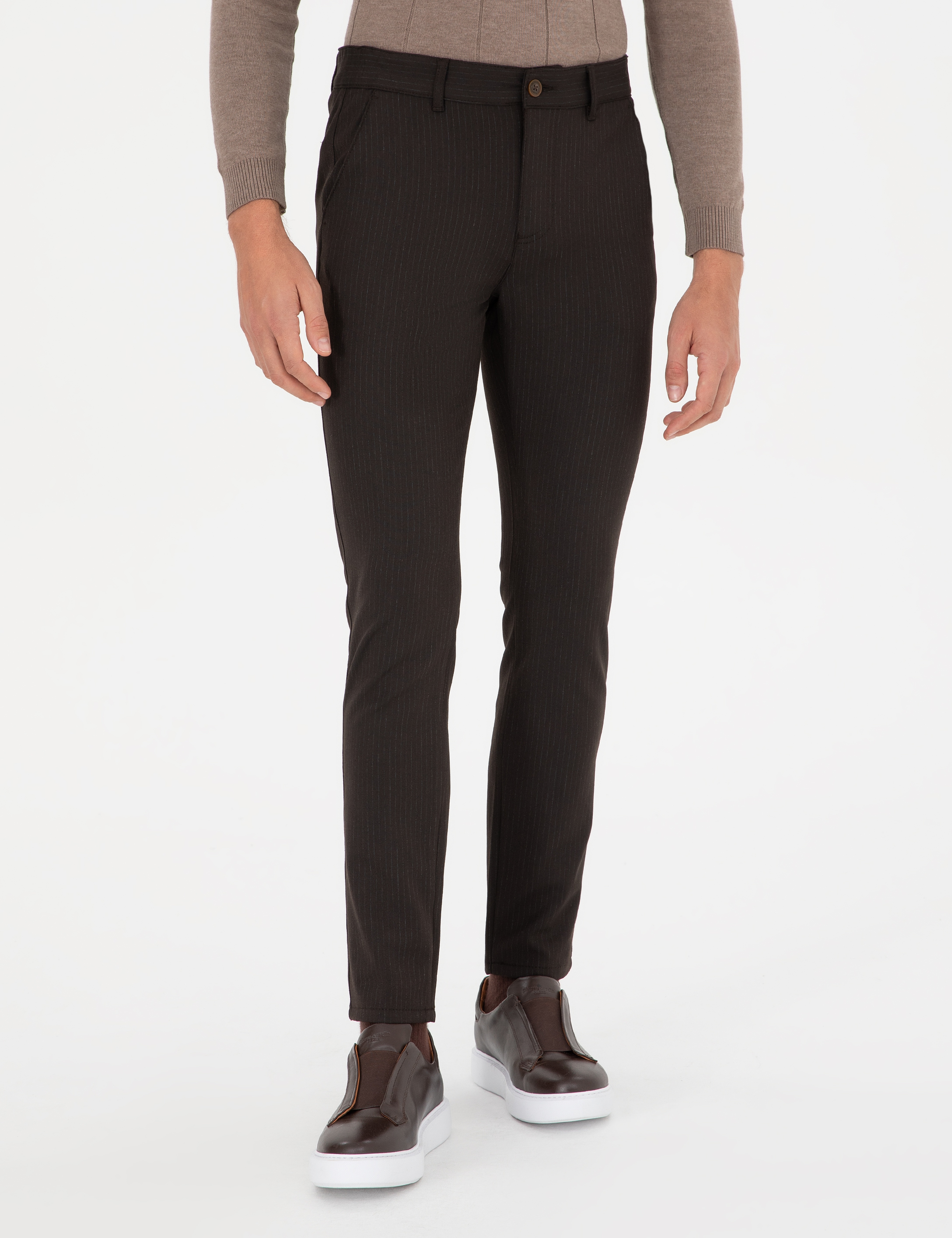 Kahverengi Slim Fit Çizgili Kanvas Pantolon