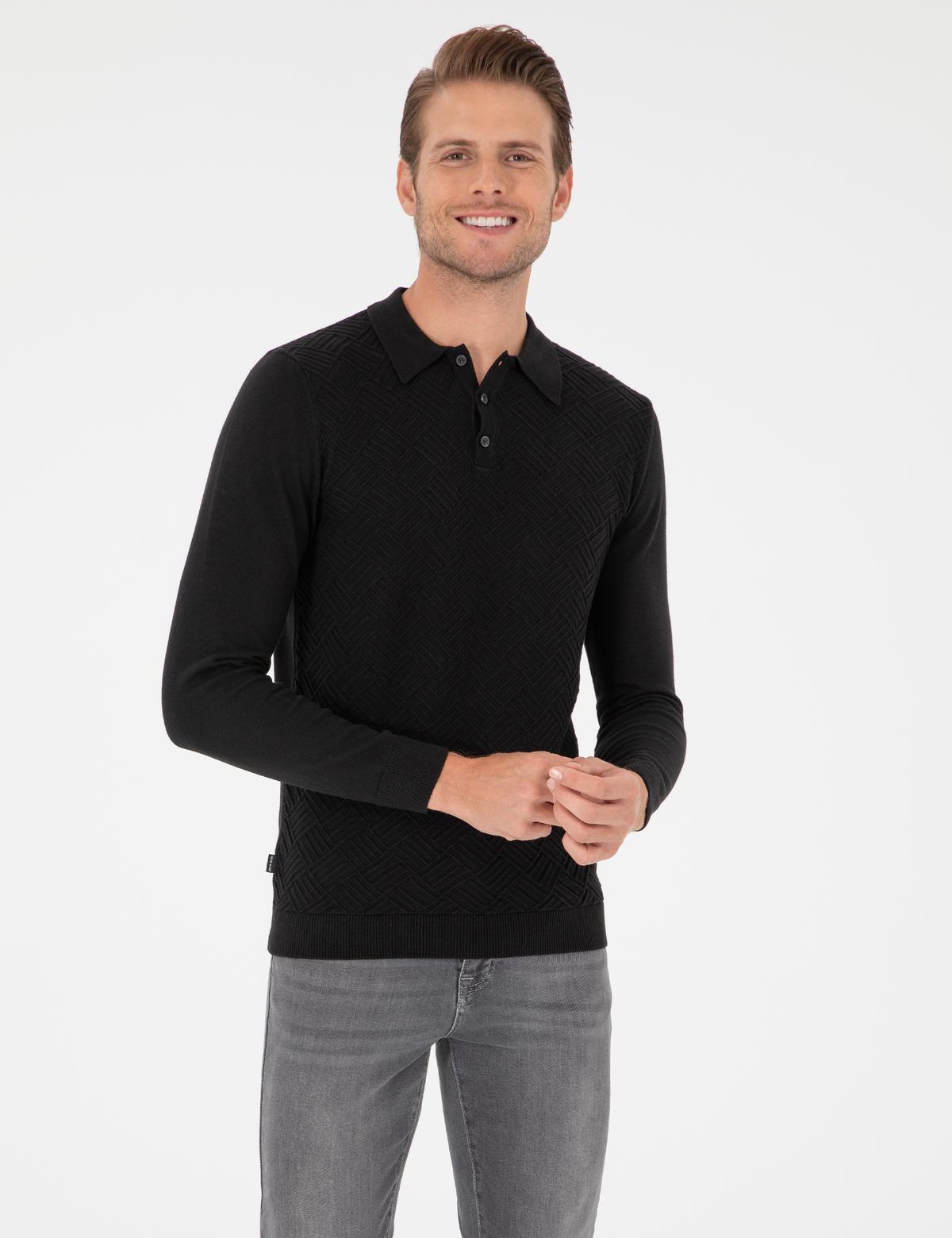 Siyah Slim Fit Düğmeli Polo Yaka Triko Kazak