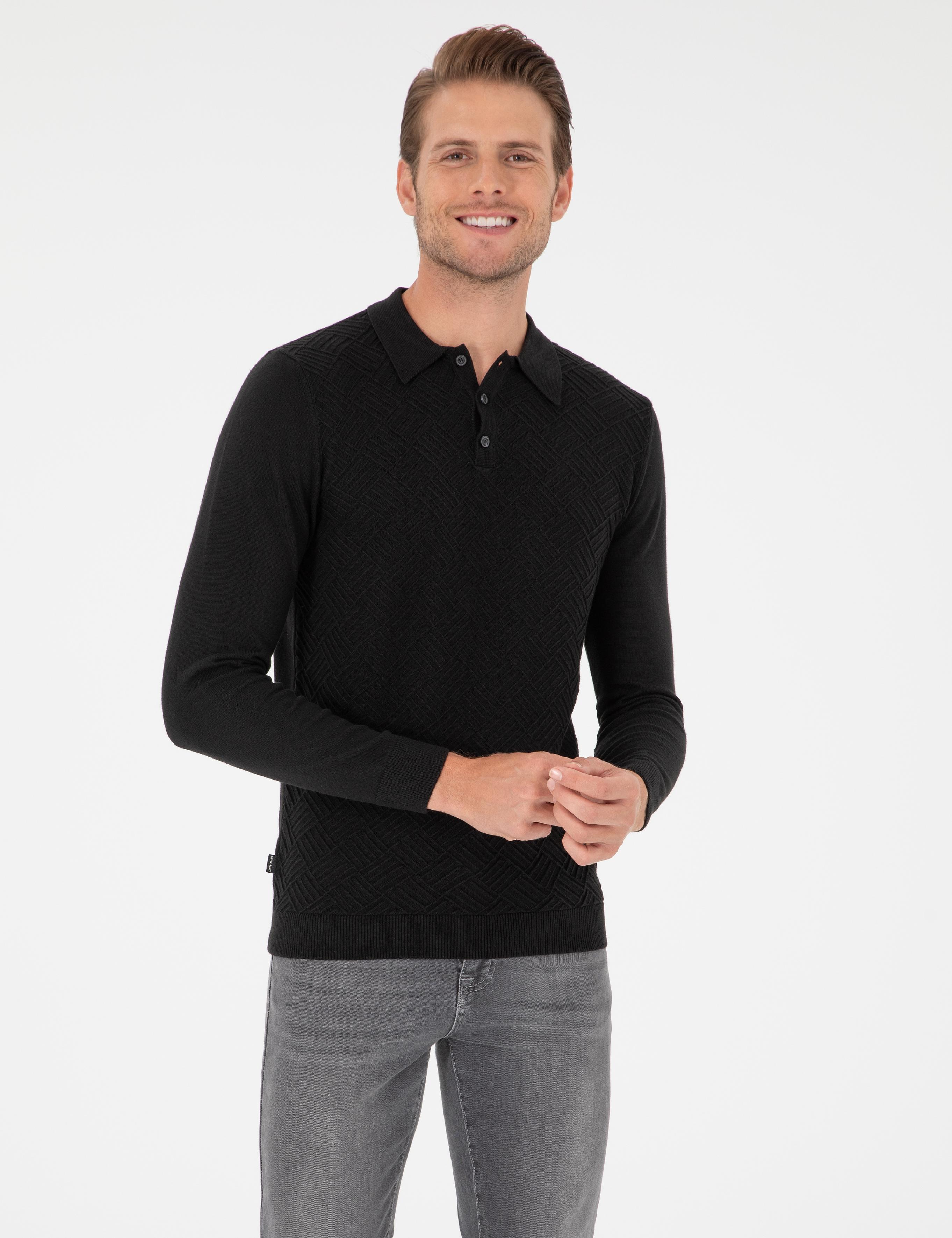 Siyah Slim Fit Düğmeli Polo Yaka Triko Kazak