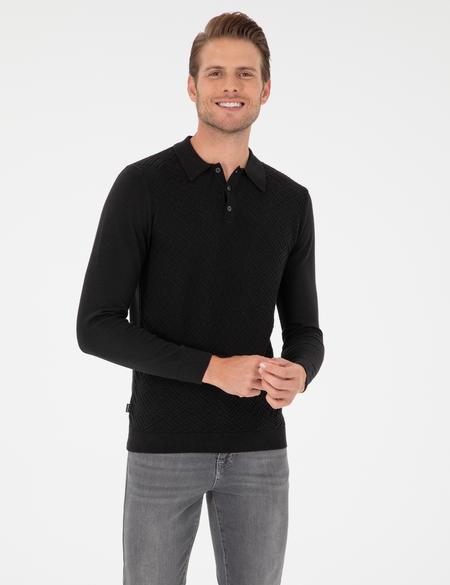 Siyah Slim Fit Düğmeli Polo Yaka Triko Kazak - 50300521017