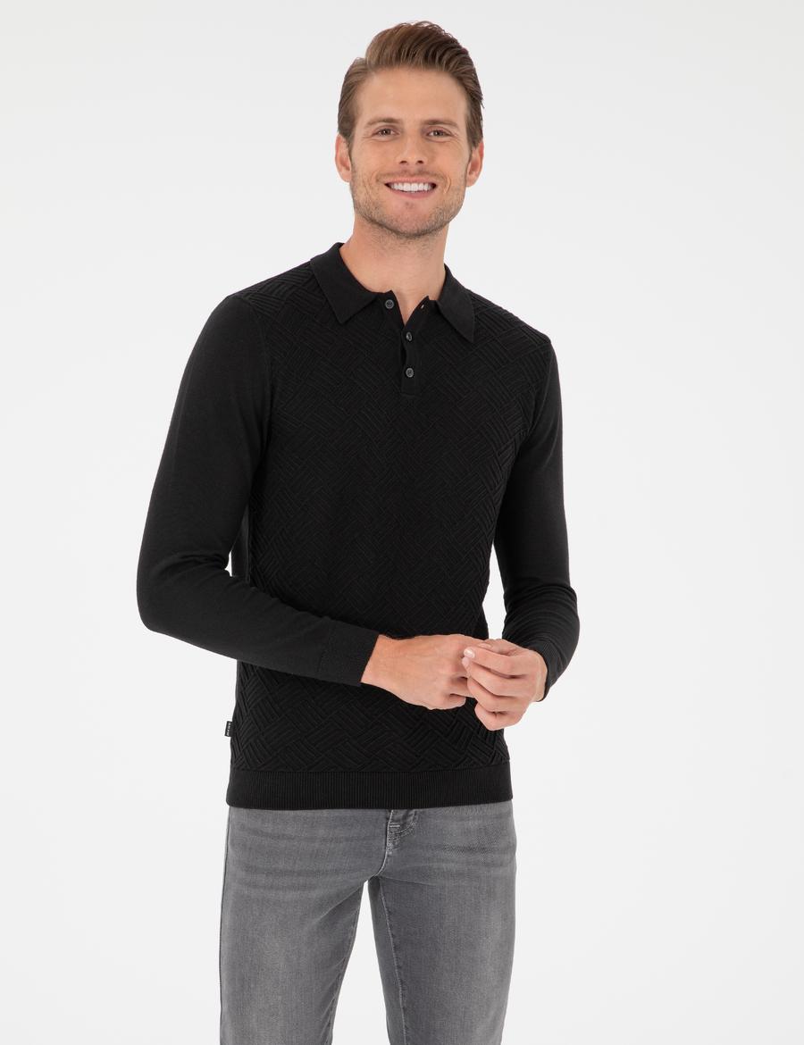 Siyah Slim Fit Düğmeli Polo Yaka Triko Kazak