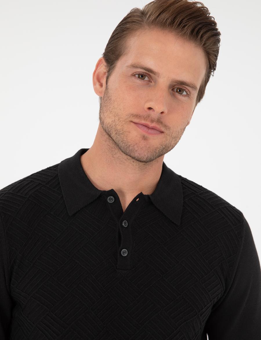 Siyah Slim Fit Düğmeli Polo Yaka Triko Kazak