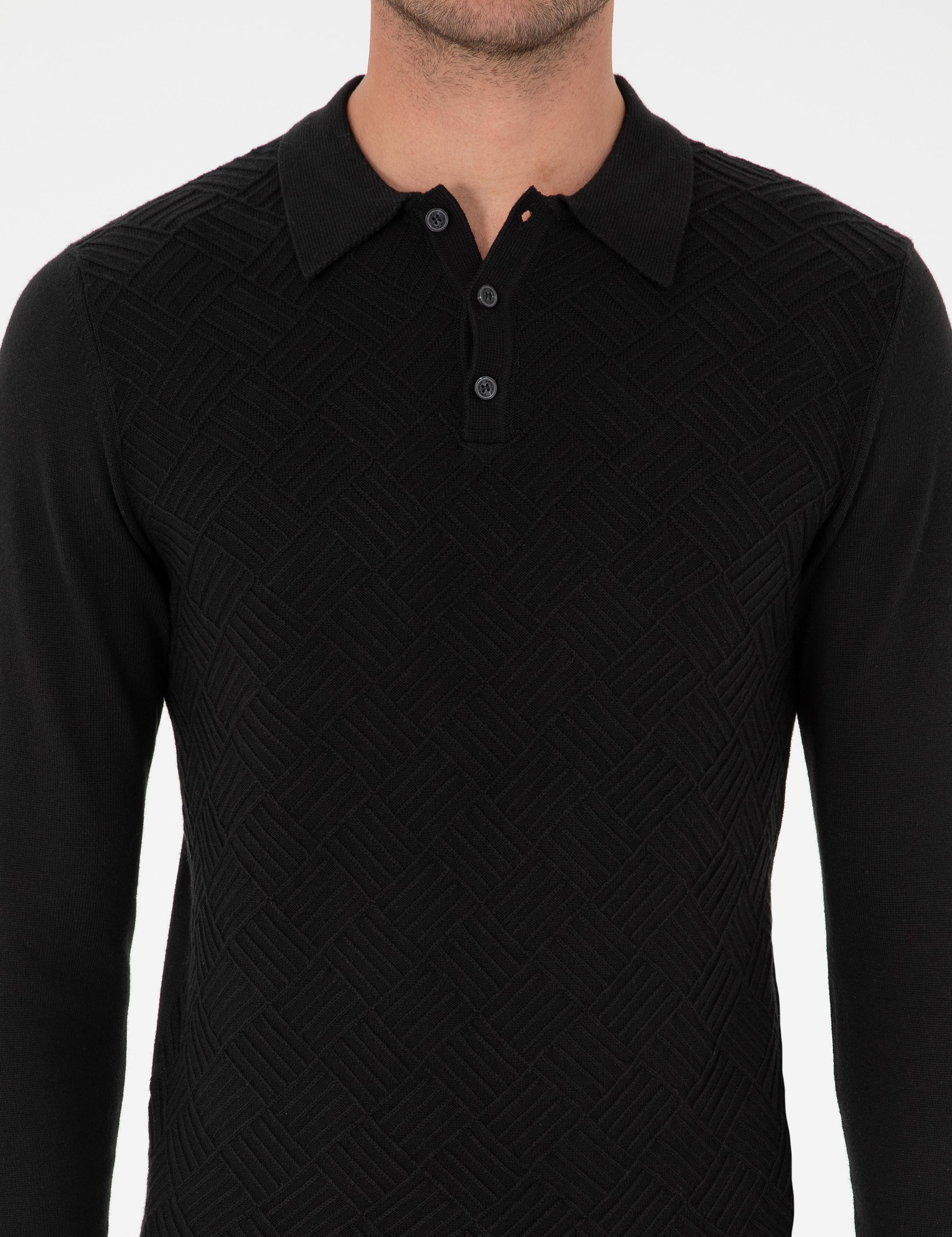 Siyah Slim Fit Düğmeli Polo Yaka Triko Kazak