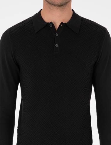 Siyah Slim Fit Düğmeli Polo Yaka Triko Kazak