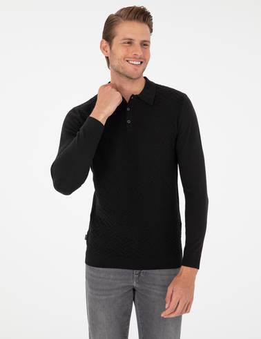 Siyah Slim Fit Düğmeli Polo Yaka Triko Kazak