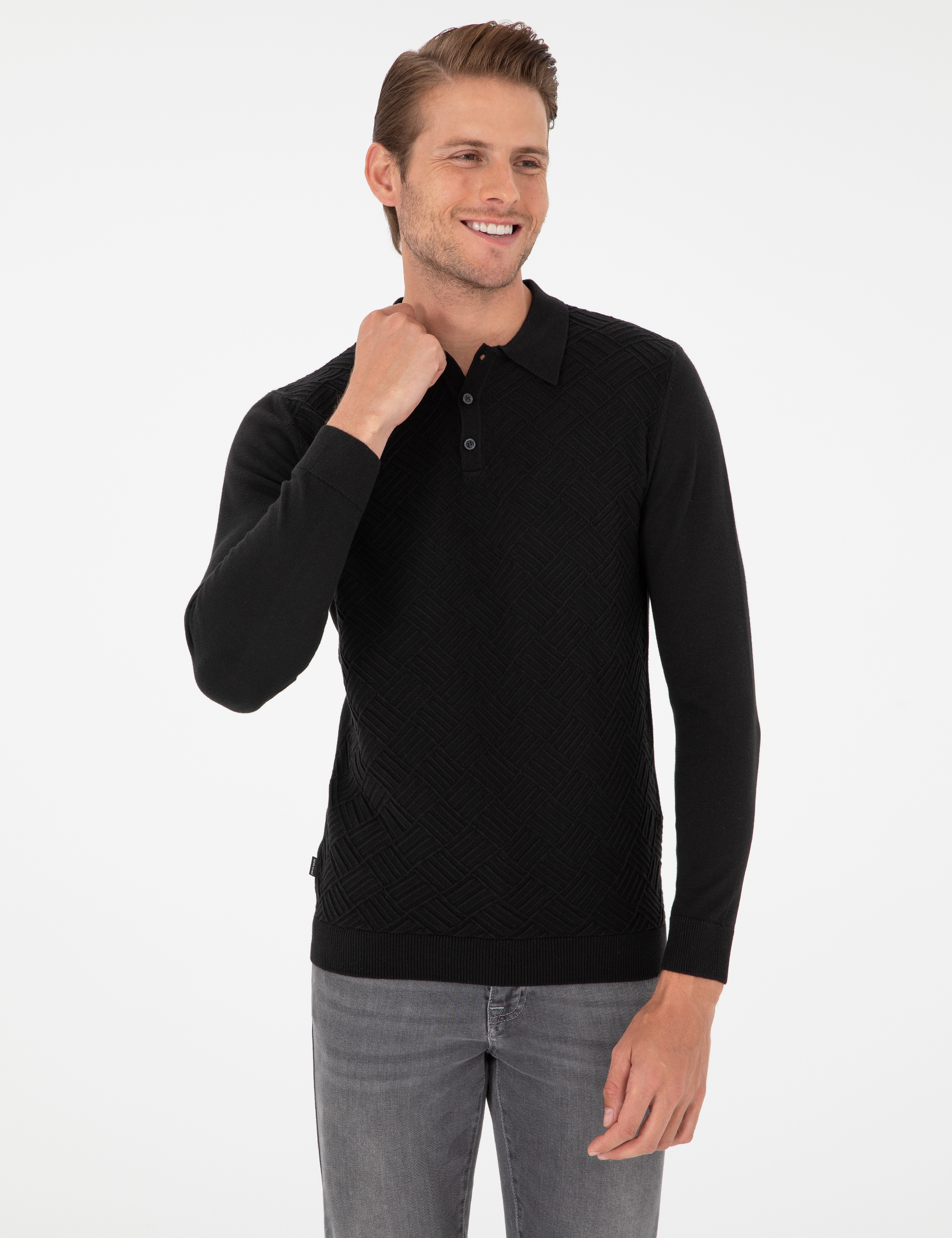 Siyah Slim Fit Düğmeli Polo Yaka Triko Kazak