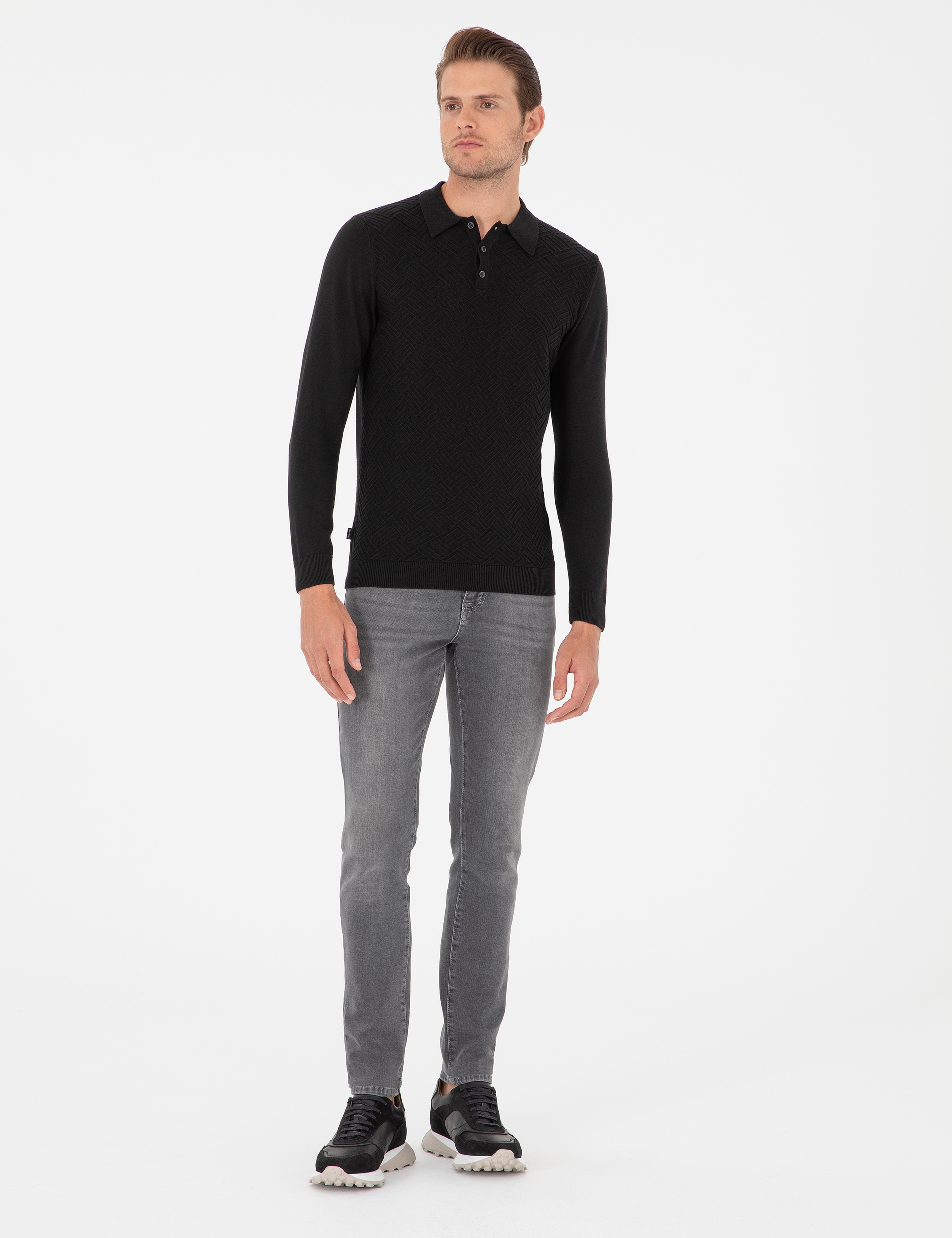Siyah Slim Fit Düğmeli Polo Yaka Triko Kazak - Image 4