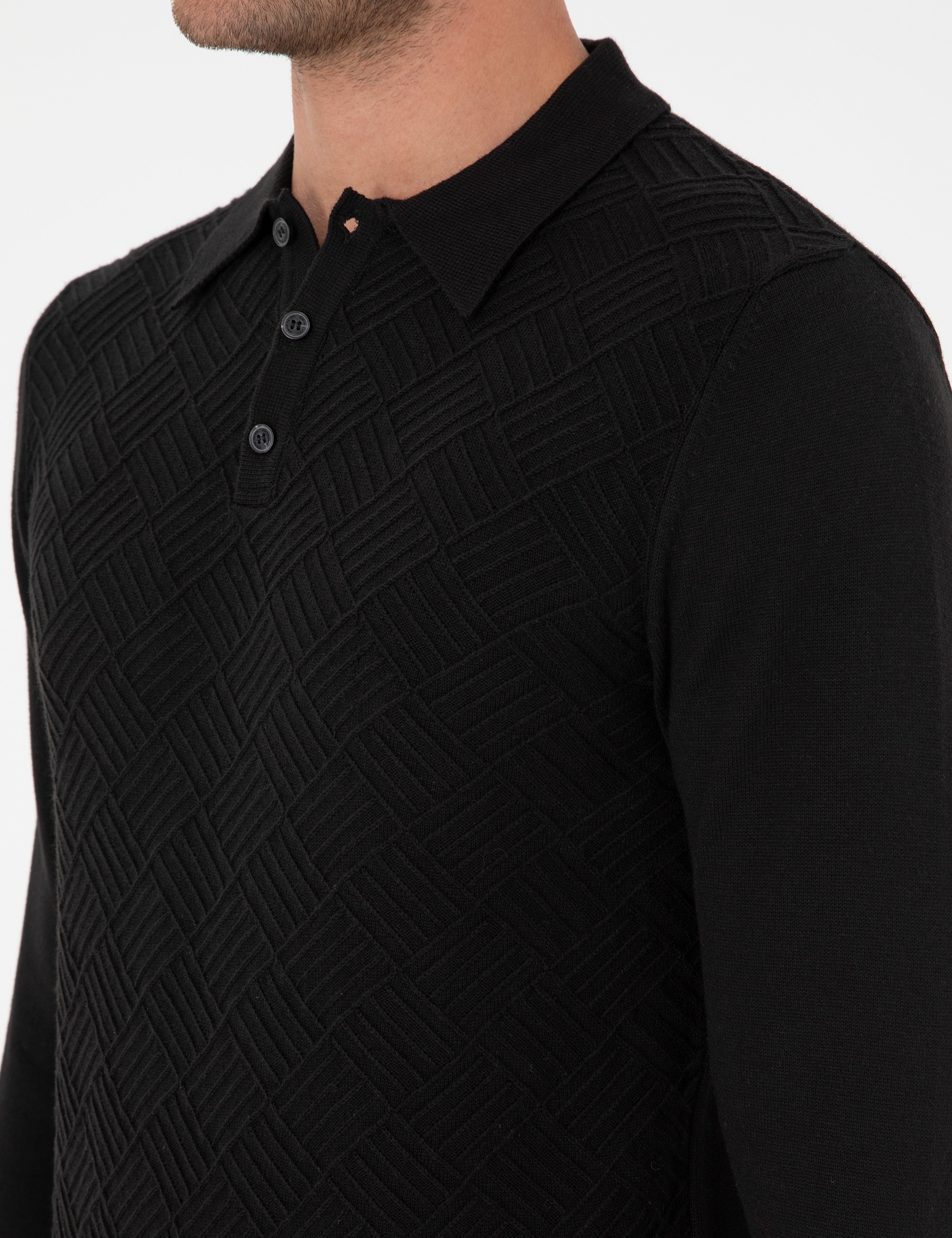 Siyah Slim Fit Düğmeli Polo Yaka Triko Kazak