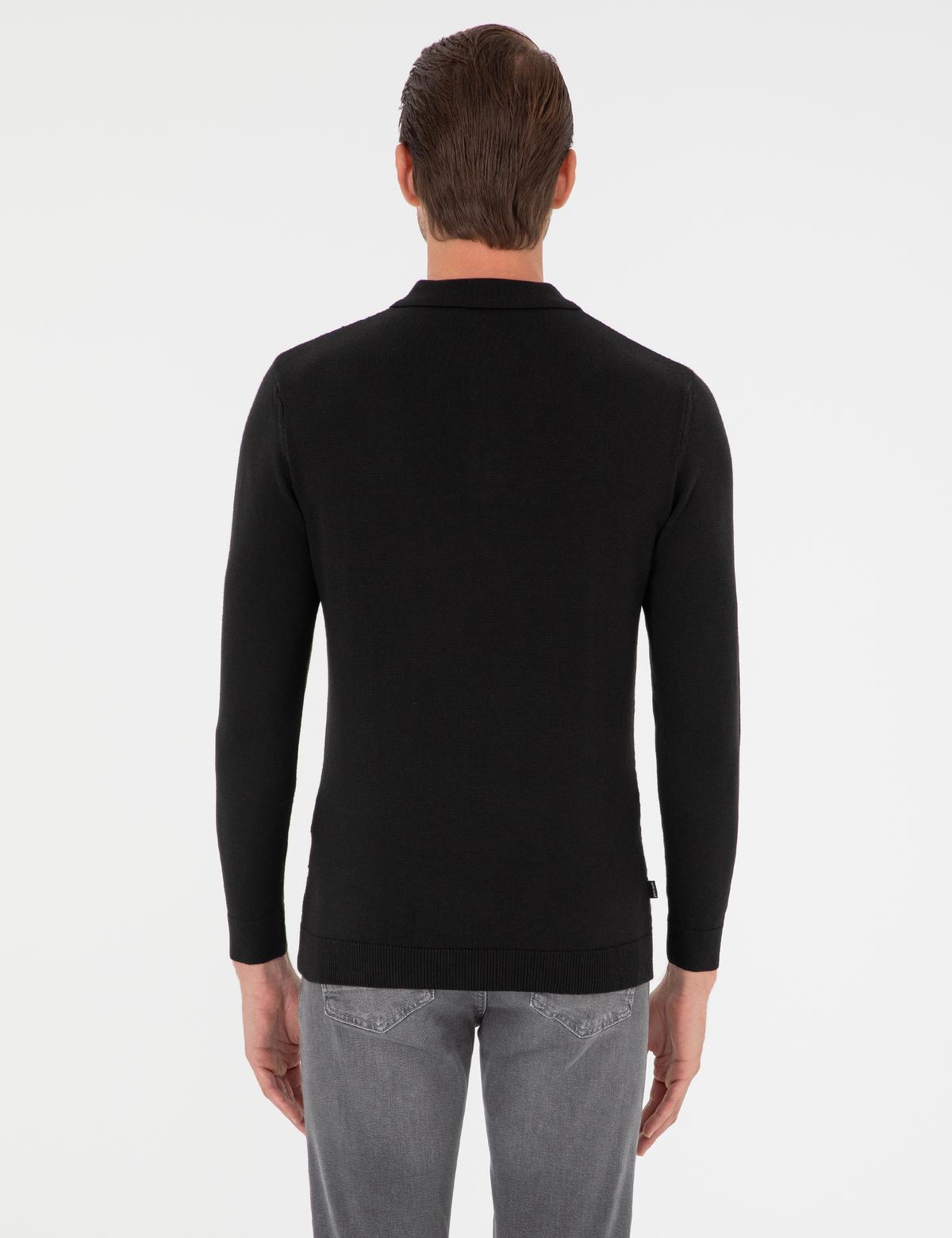 Siyah Slim Fit Düğmeli Polo Yaka Triko Kazak - 50300521017