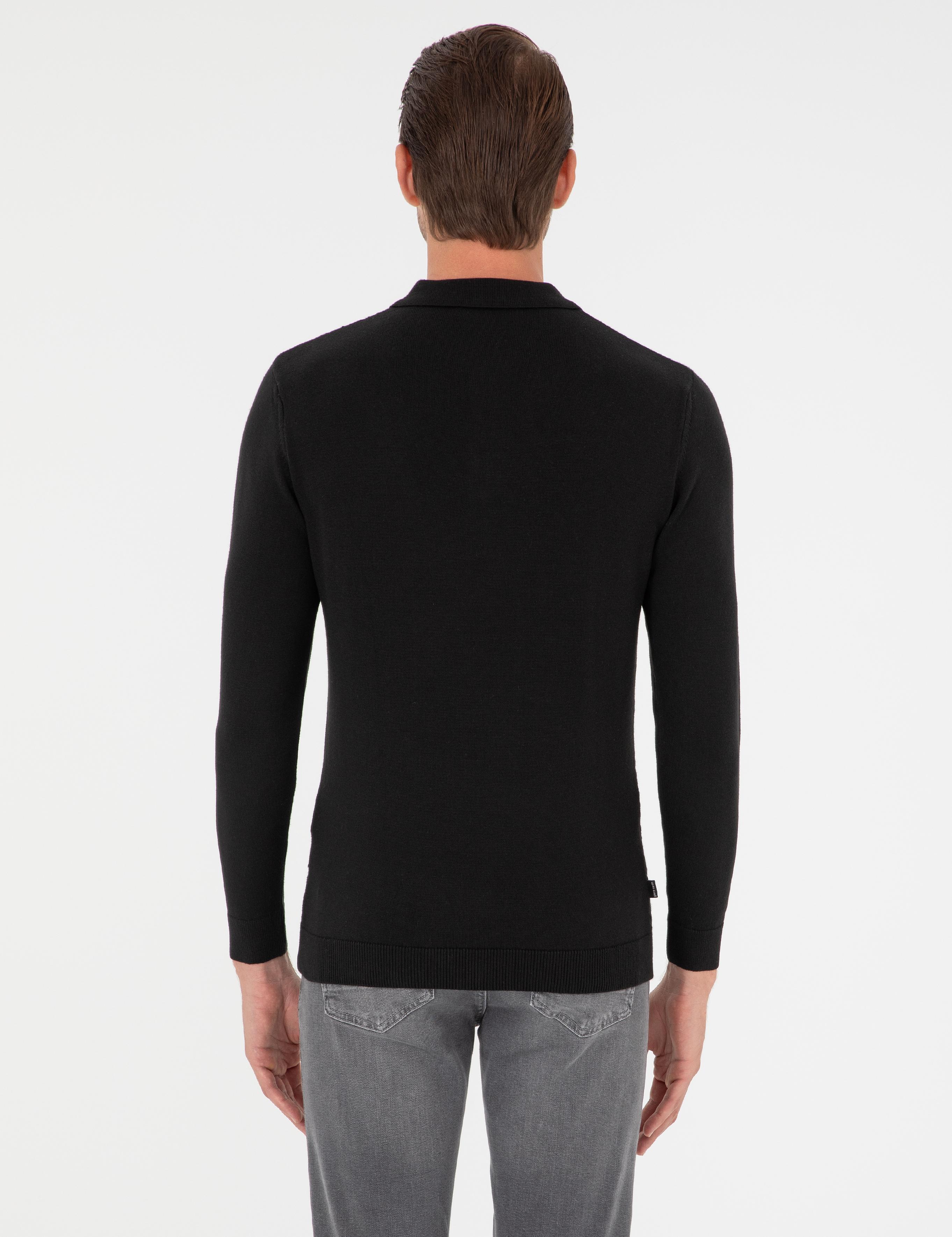 Siyah Slim Fit Düğmeli Polo Yaka Triko Kazak