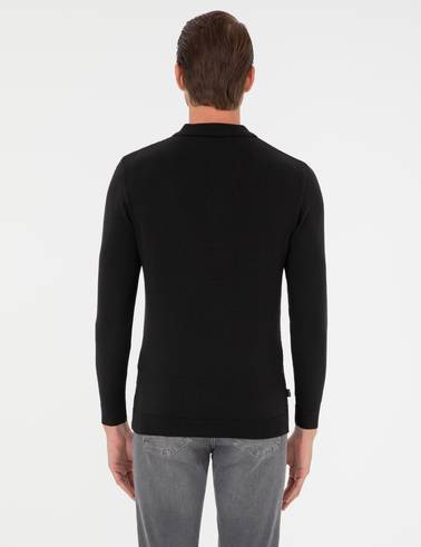 Siyah Slim Fit Düğmeli Polo Yaka Triko Kazak