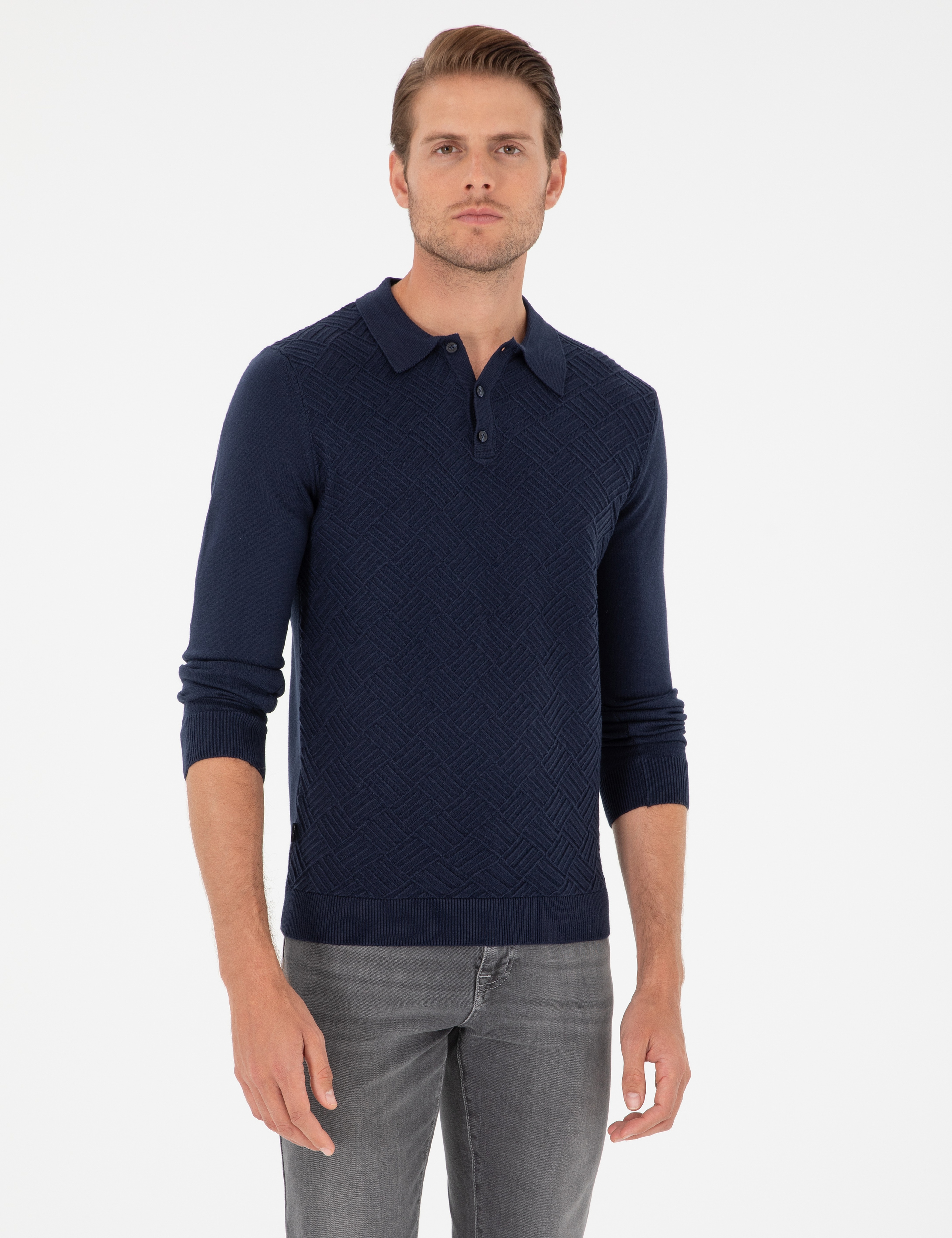 Lacivert Slim Fit Düğmeli Polo Yaka Triko Kazak