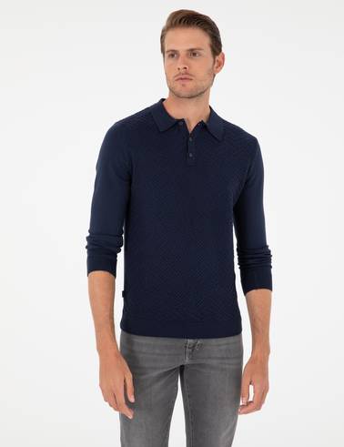 Lacivert Slim Fit Düğmeli Polo Yaka Triko Kazak