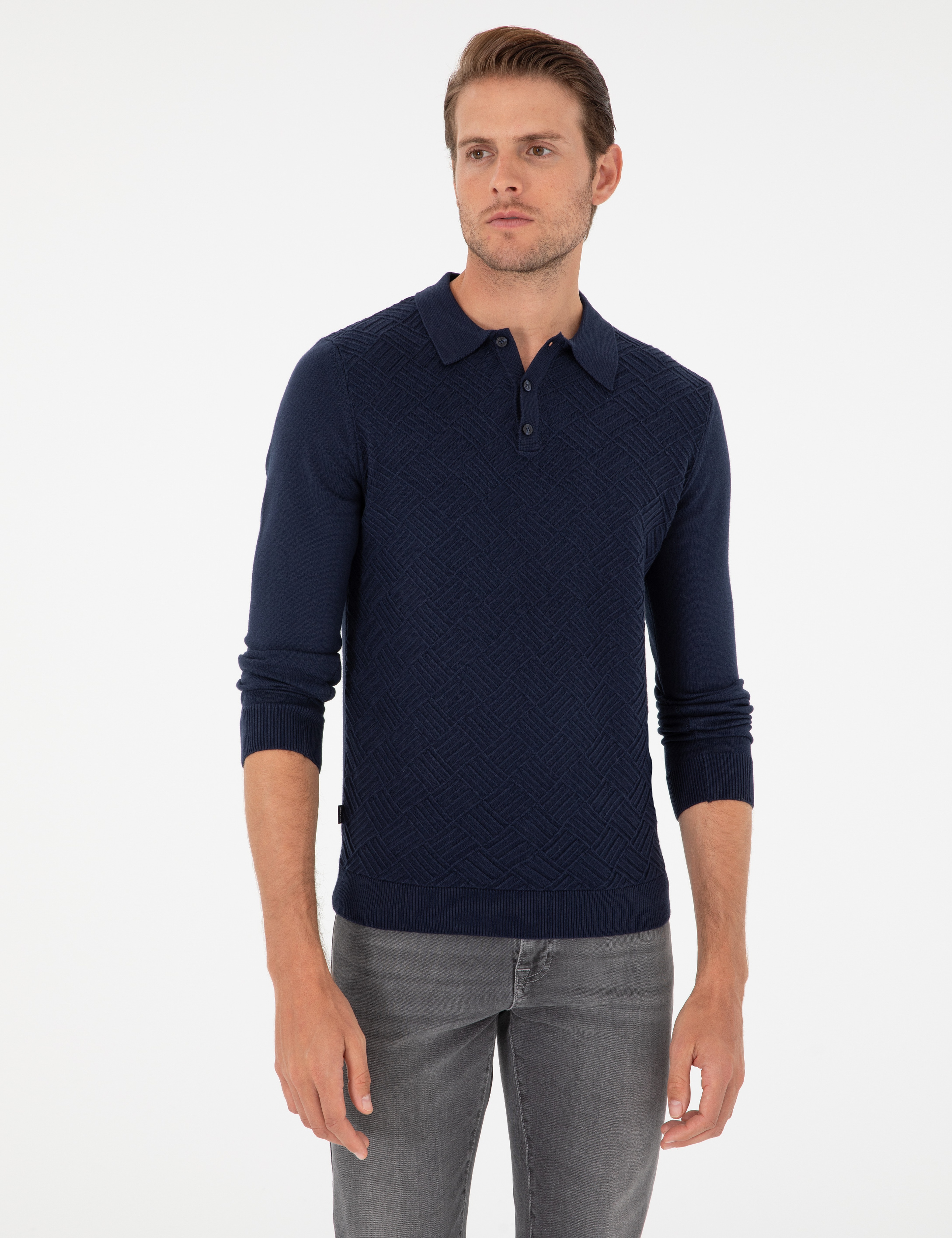 Lacivert Slim Fit Düğmeli Polo Yaka Triko Kazak