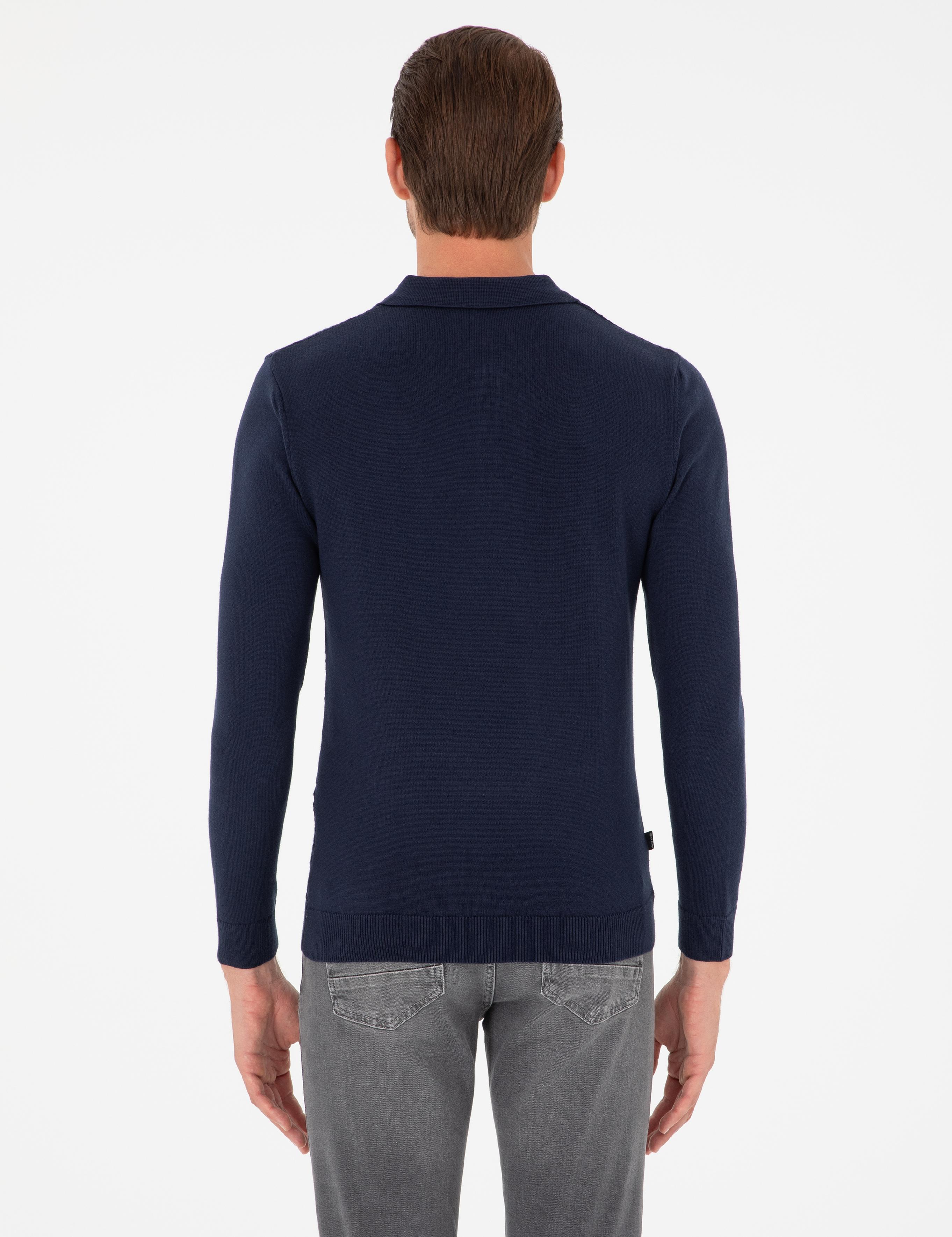 Lacivert Slim Fit Düğmeli Polo Yaka Triko Kazak