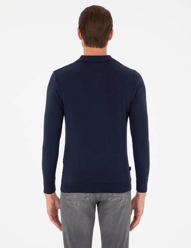 Lacivert Slim Fit Düğmeli Polo Yaka Triko Kazak
