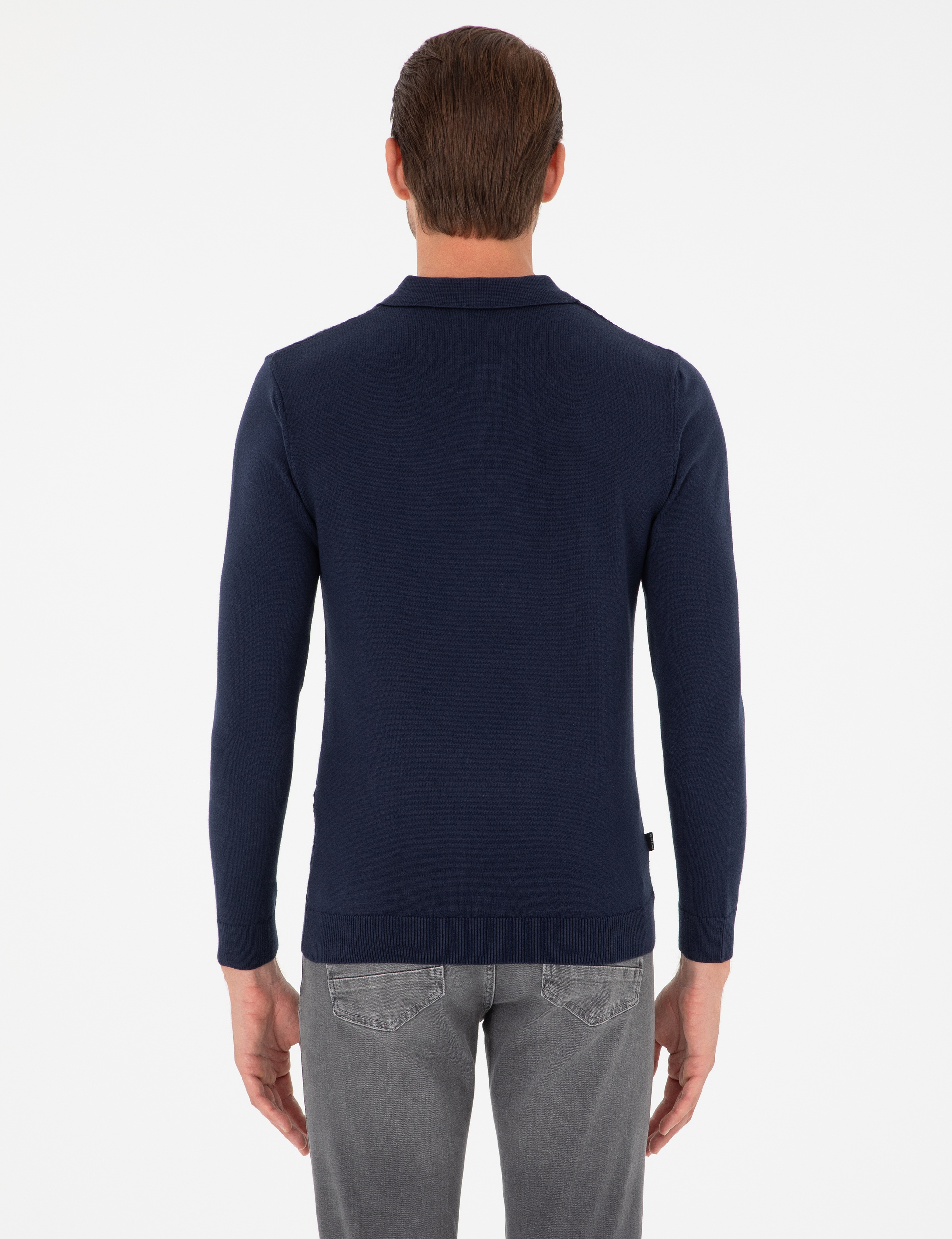 Lacivert Slim Fit Düğmeli Polo Yaka Triko Kazak