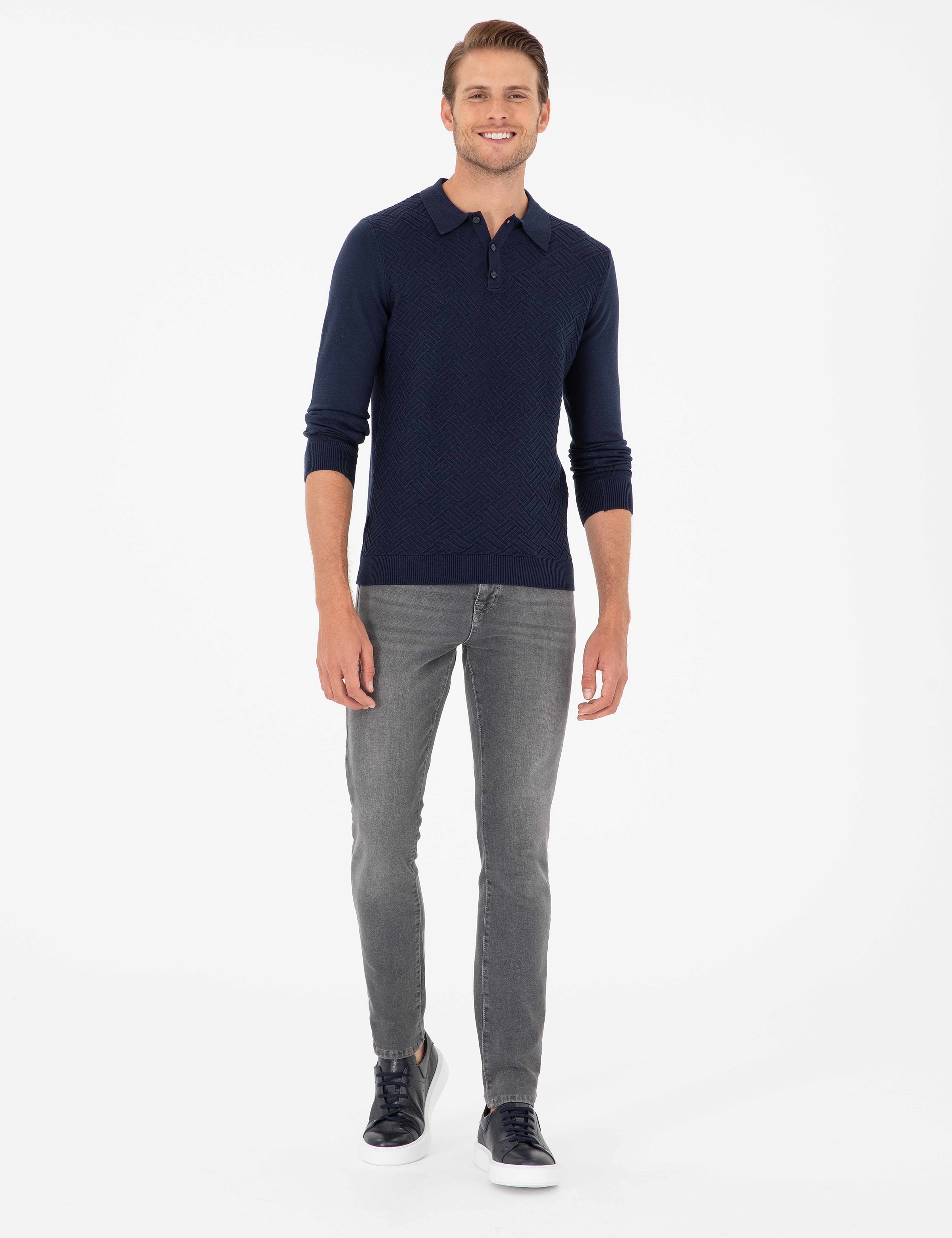 Lacivert Slim Fit Düğmeli Polo Yaka Triko Kazak - Image 4