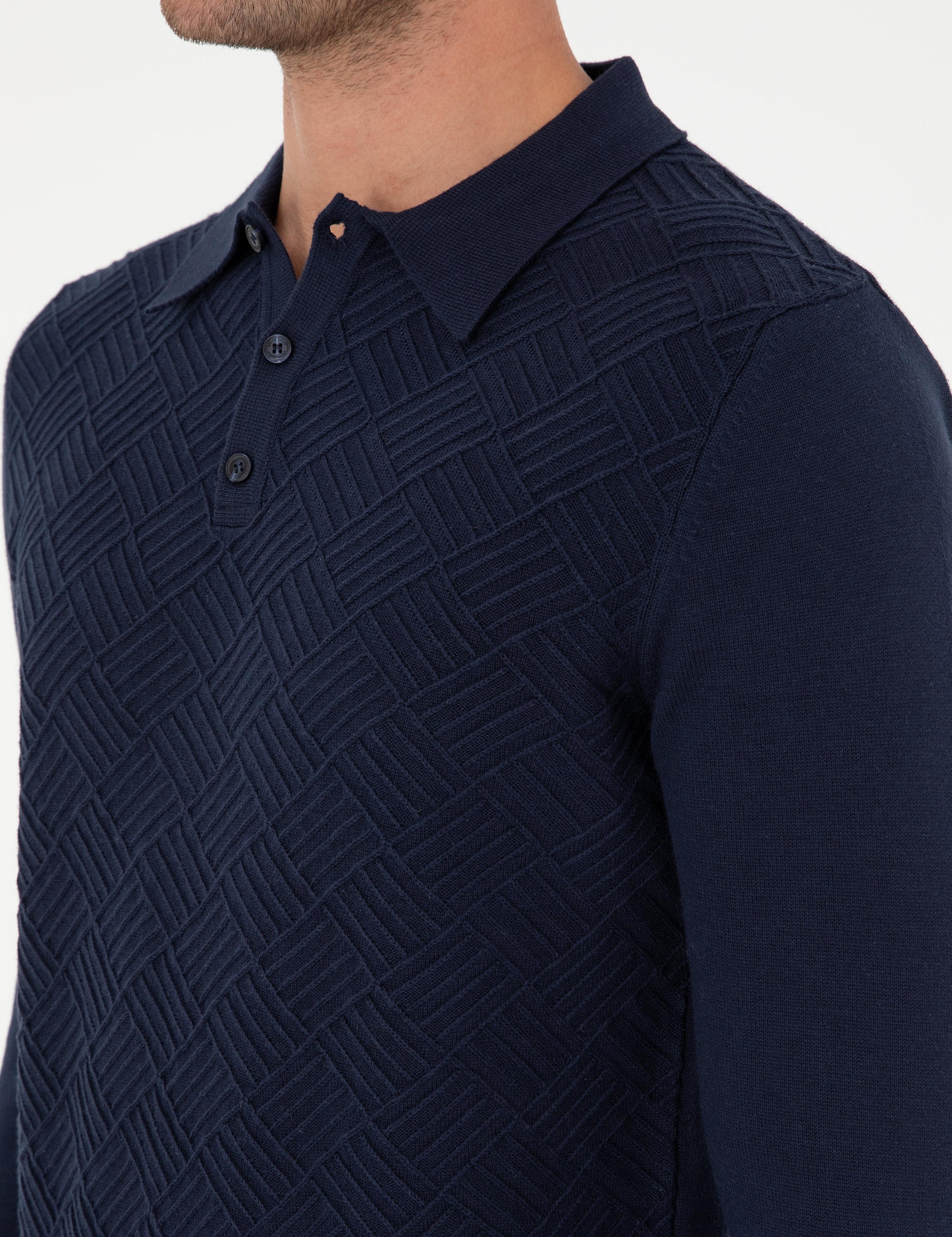 Lacivert Slim Fit Düğmeli Polo Yaka Triko Kazak