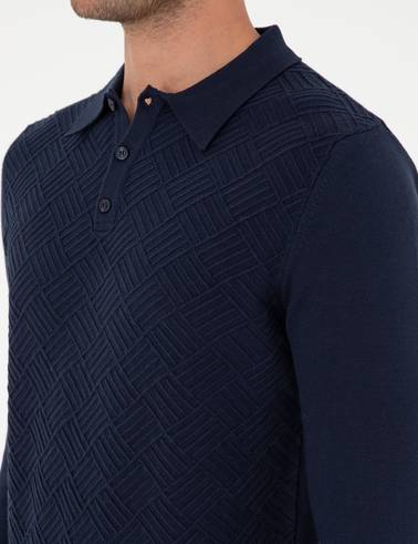 Lacivert Slim Fit Düğmeli Polo Yaka Triko Kazak