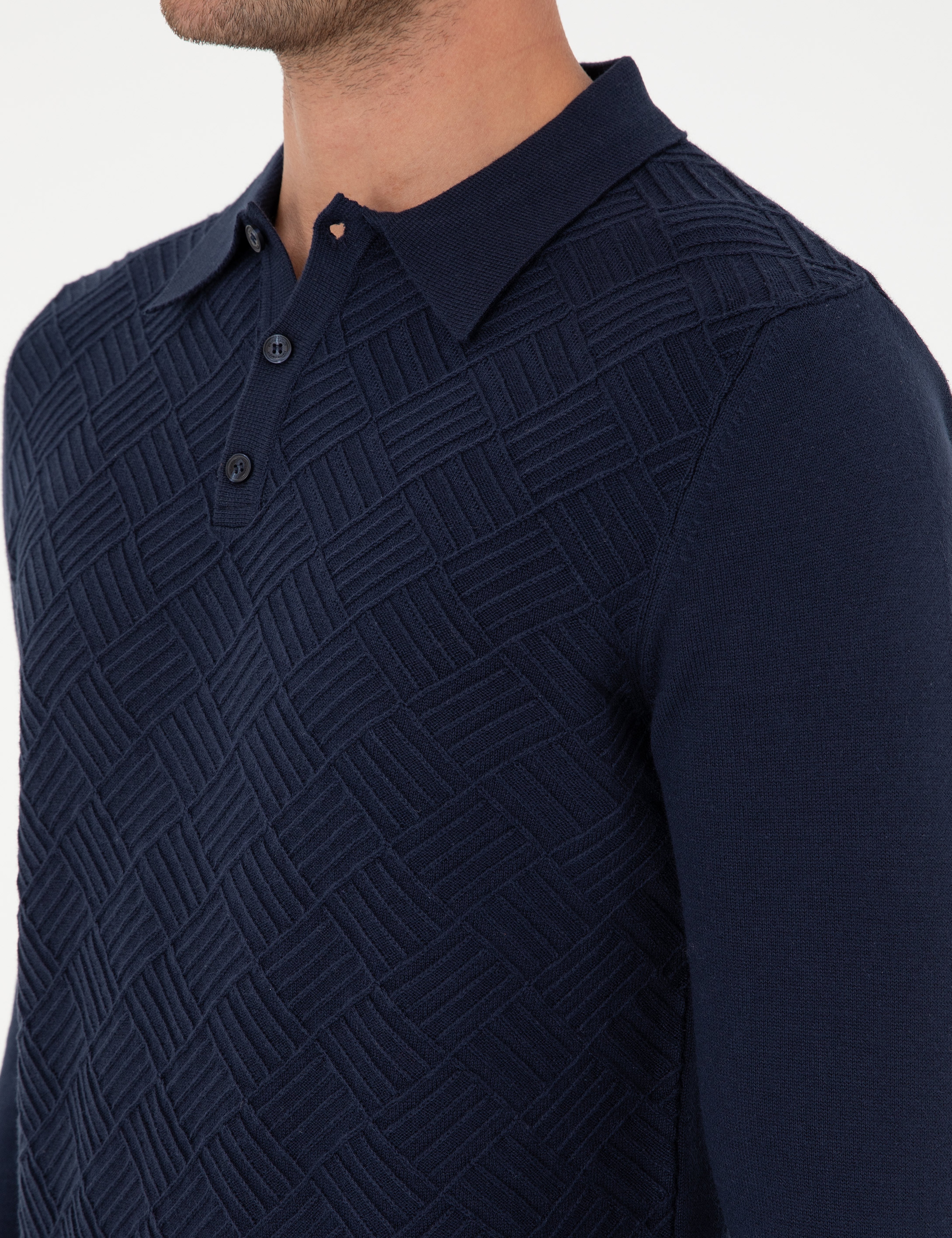 Lacivert Slim Fit Düğmeli Polo Yaka Triko Kazak - Image 7