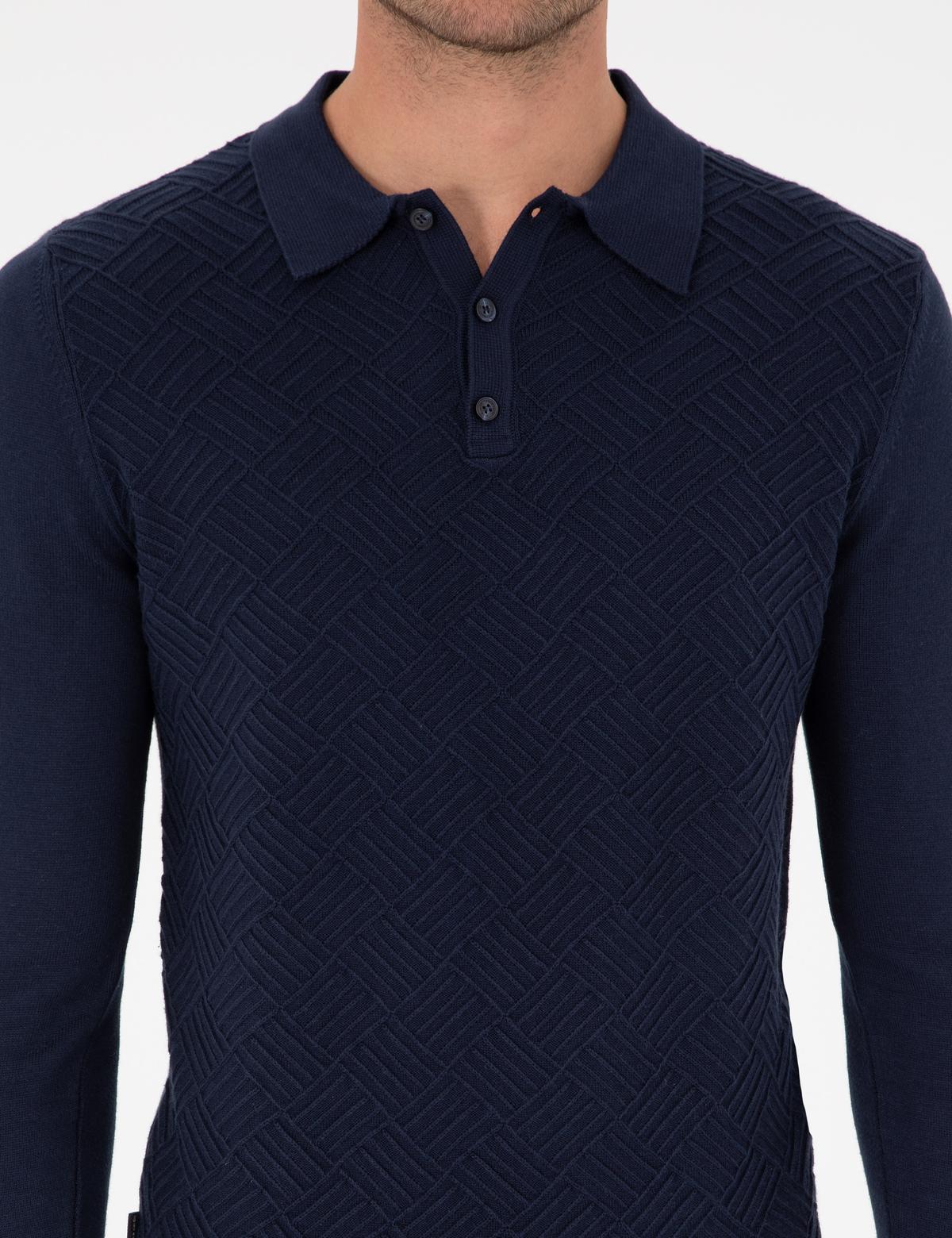 Lacivert Slim Fit Düğmeli Polo Yaka Triko Kazak - 50300521007