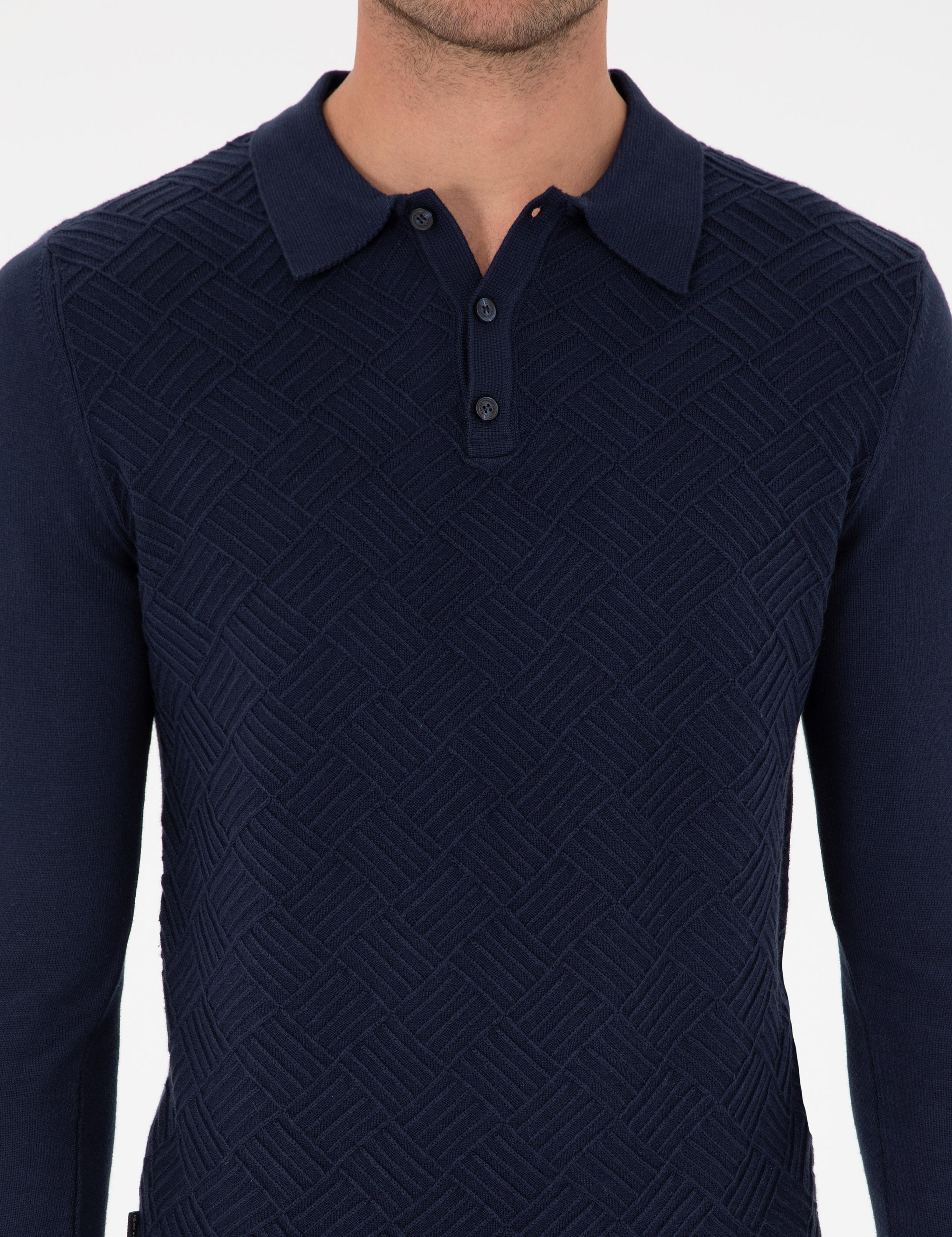 Lacivert Slim Fit Düğmeli Polo Yaka Triko Kazak