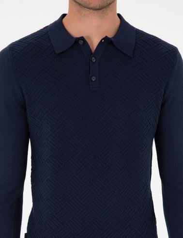 Lacivert Slim Fit Düğmeli Polo Yaka Triko Kazak