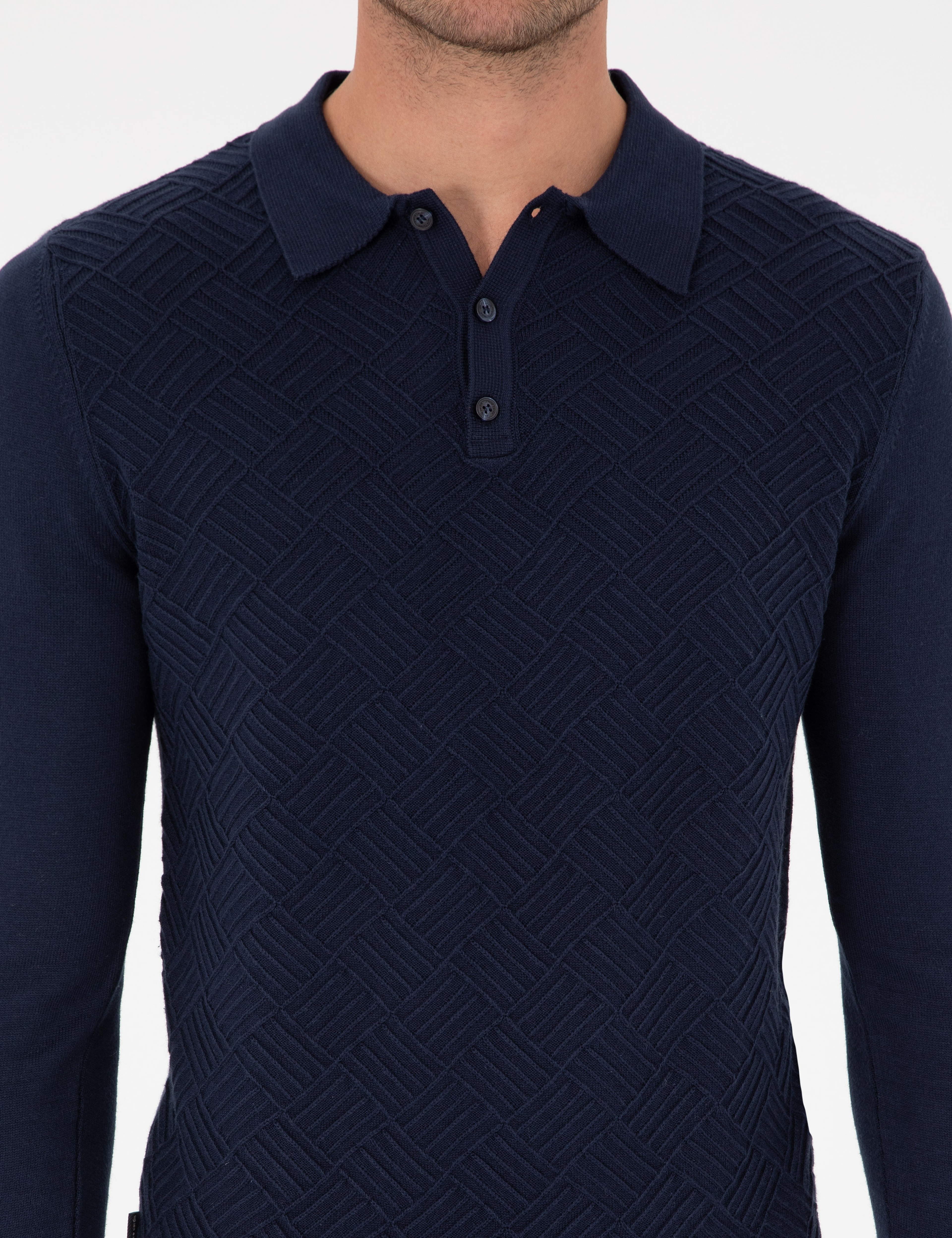 Lacivert Slim Fit Düğmeli Polo Yaka Triko Kazak - Image 6