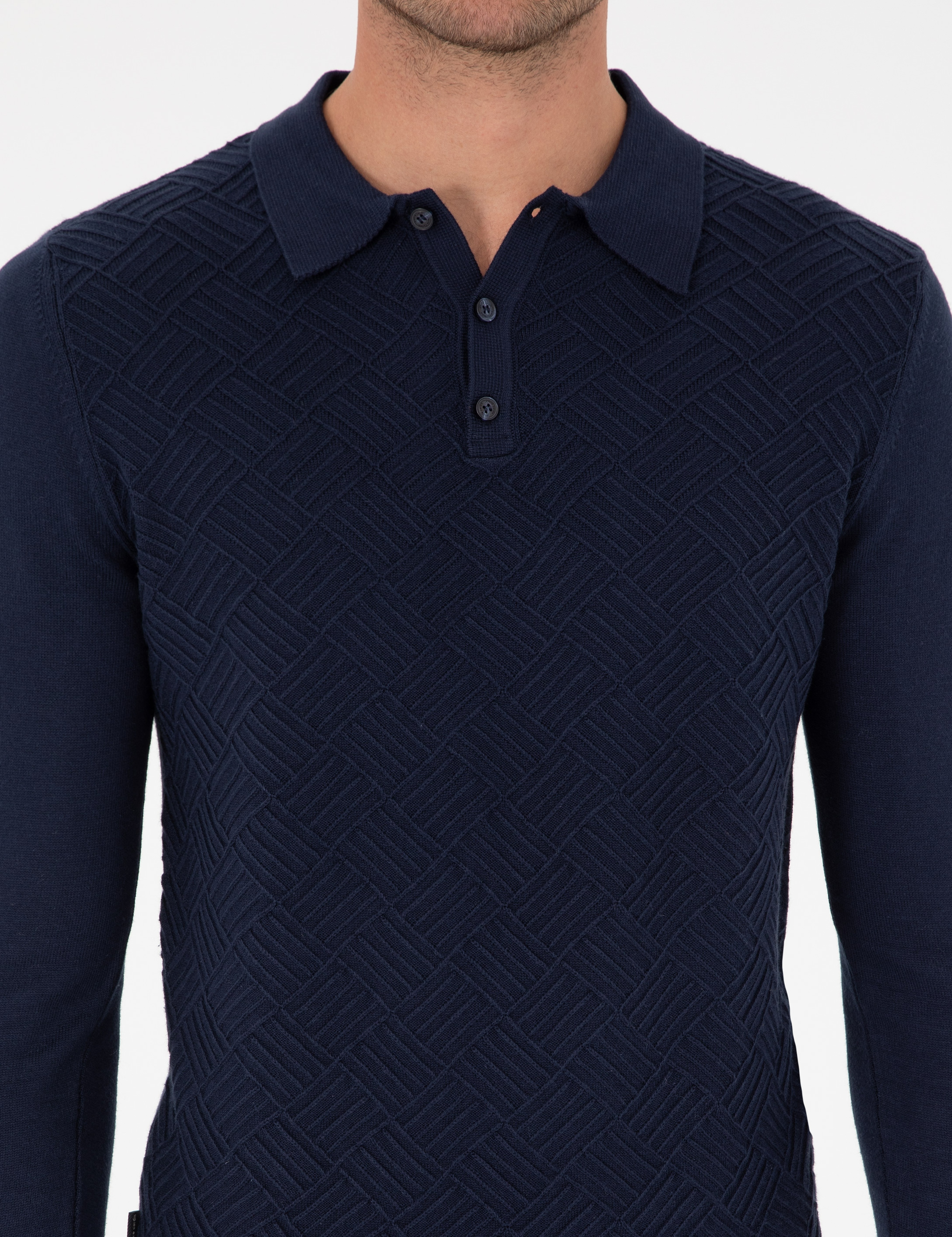 Lacivert Slim Fit Düğmeli Polo Yaka Triko Kazak