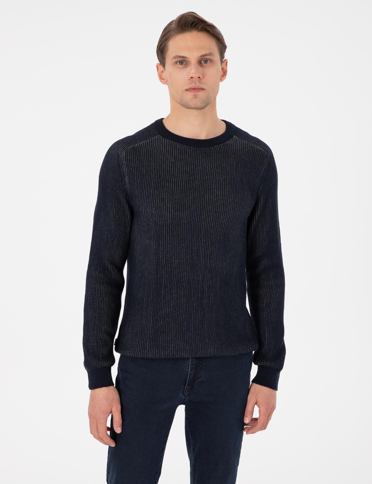 Lacivert Slim Fit Bisiklet Yaka Triko Kazak