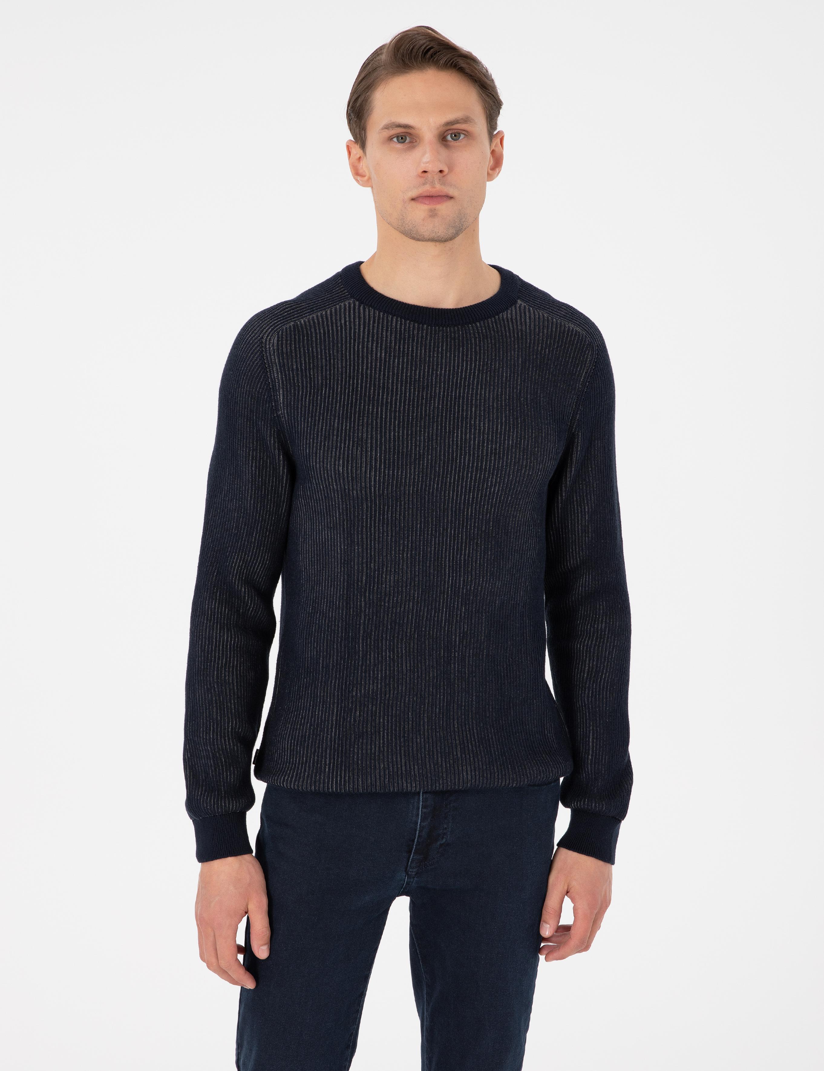 Lacivert Slim Fit Bisiklet Yaka Triko Kazak