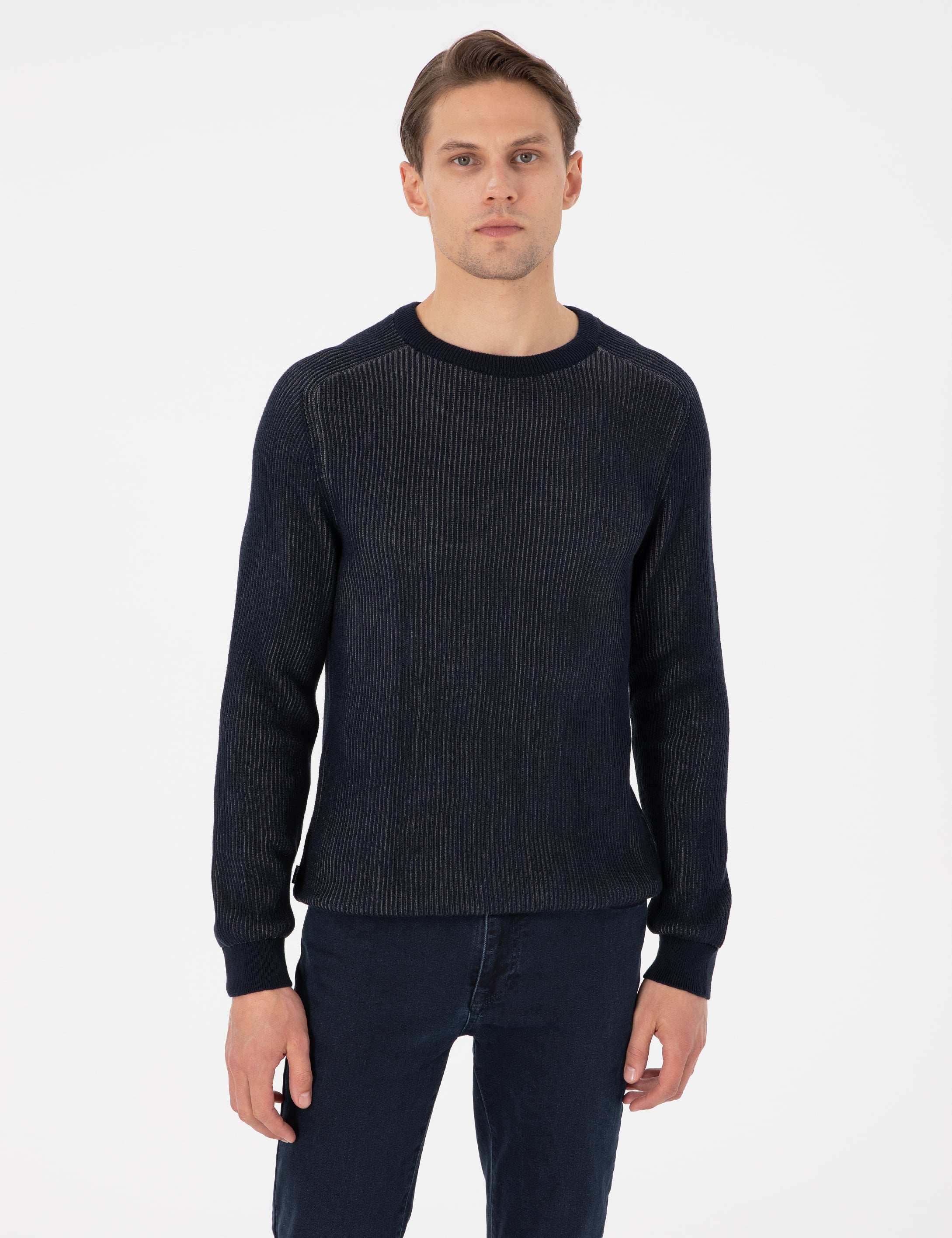 Lacivert Slim Fit Bisiklet Yaka Triko Kazak