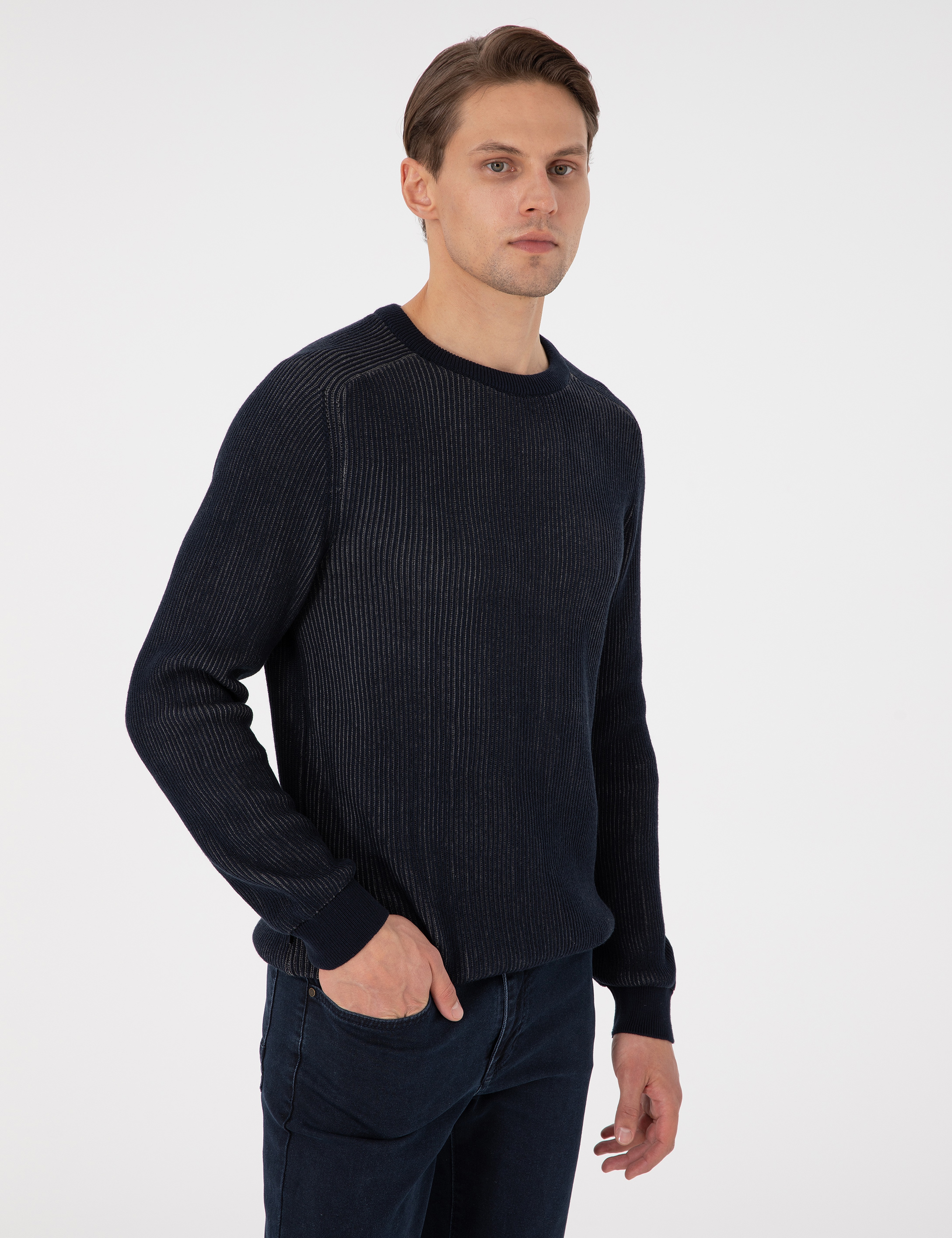 Lacivert Slim Fit Bisiklet Yaka Triko Kazak