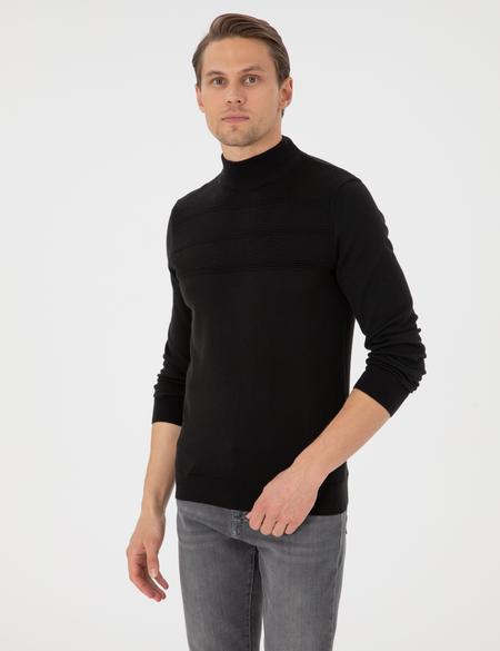 Siyah Slim Fit Yarım Balıkçı Yaka Triko Kazak - 50300625001