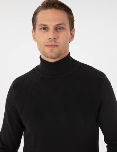 Siyah Slim Fit  Balıkçı Yaka Triko Kazak