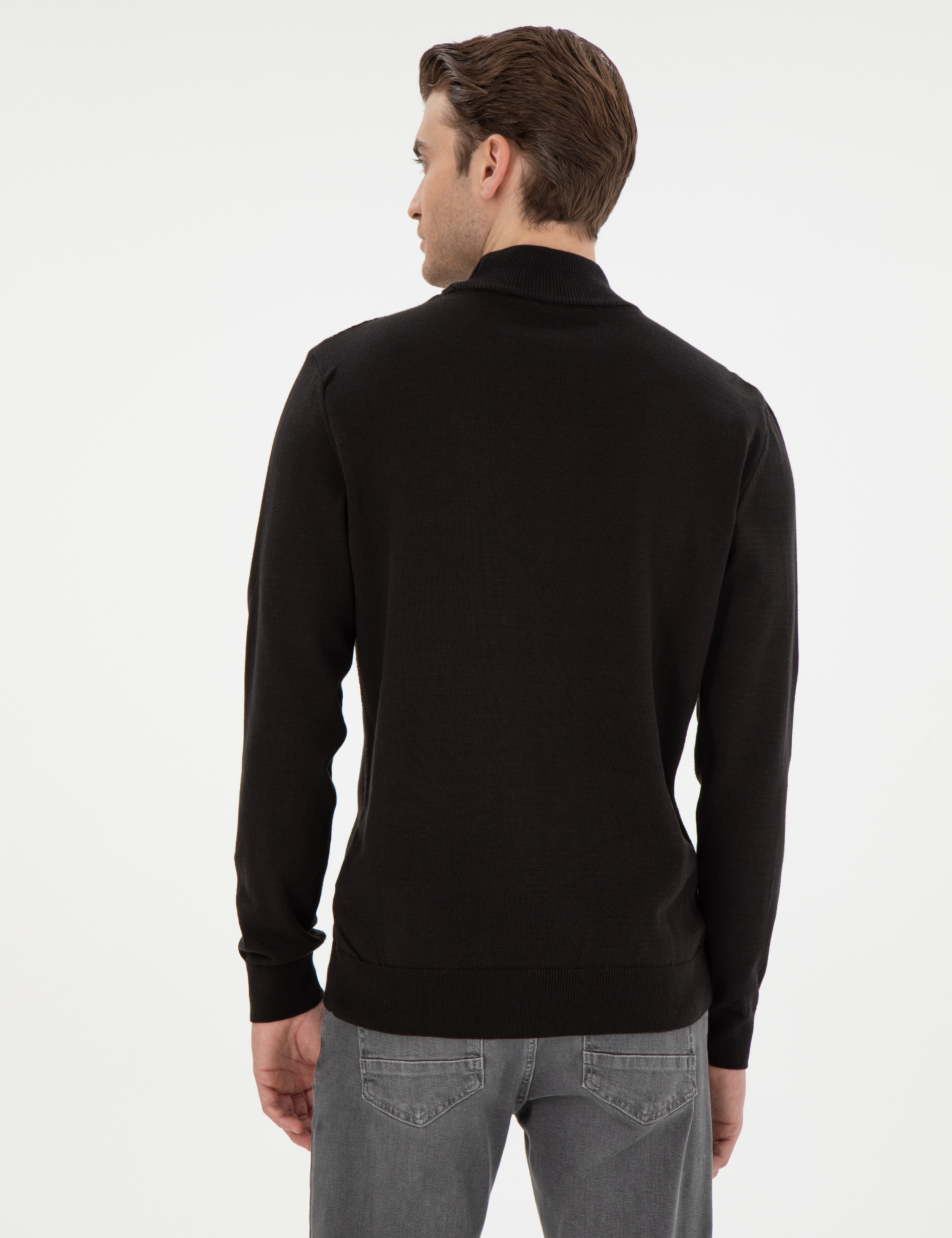 Siyah Slim Fit Yarım Balıkçı Triko Kazak