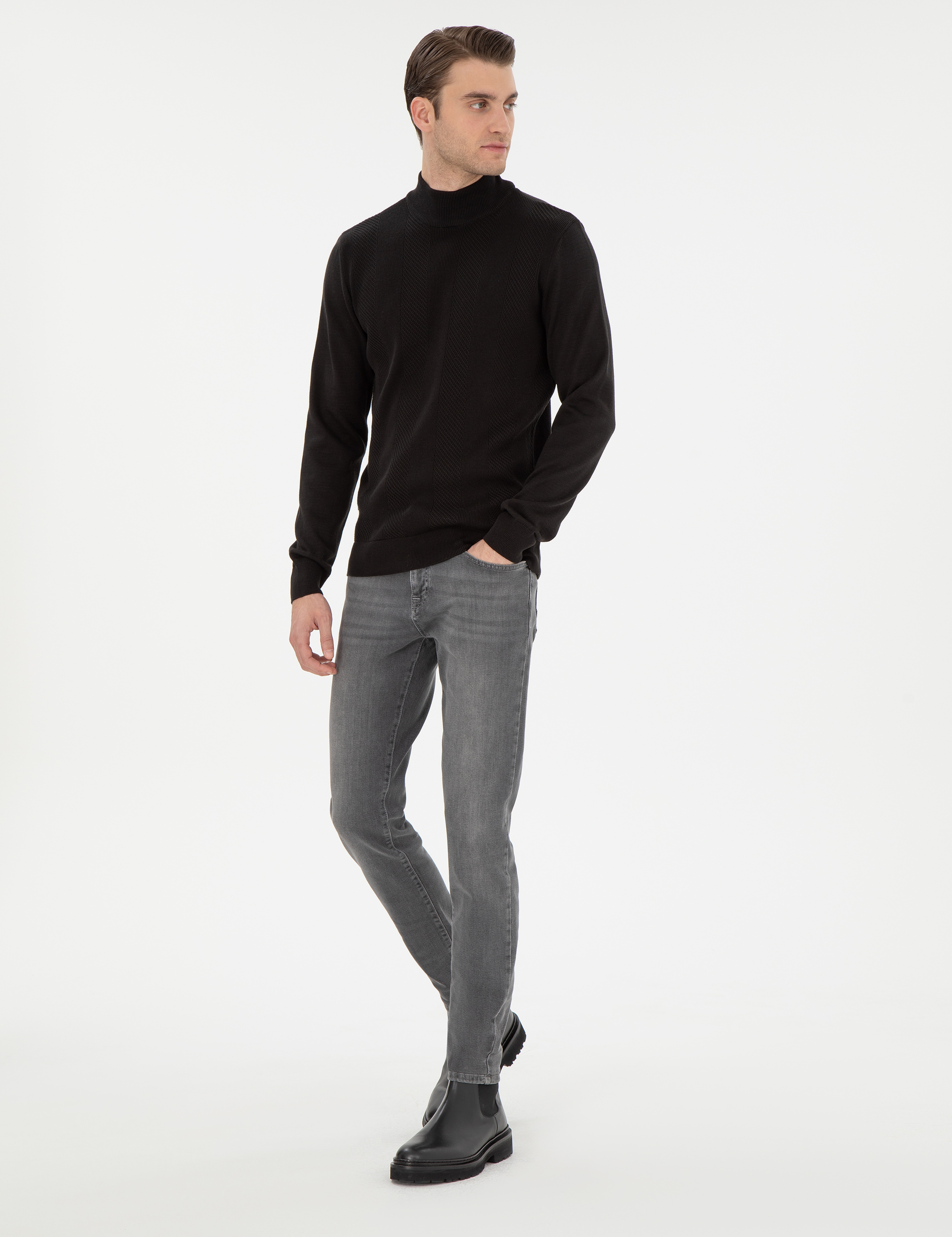 Siyah Slim Fit Yarım Balıkçı Triko Kazak - Image 4
