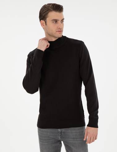 Siyah Slim Fit Yarım Balıkçı Triko Kazak