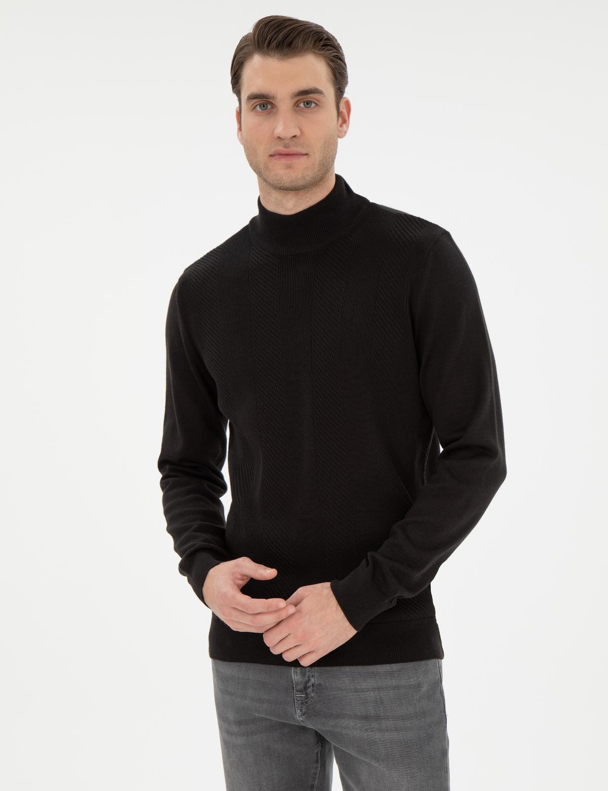 Siyah Slim Fit Yarım Balıkçı Triko Kazak - 50300498023